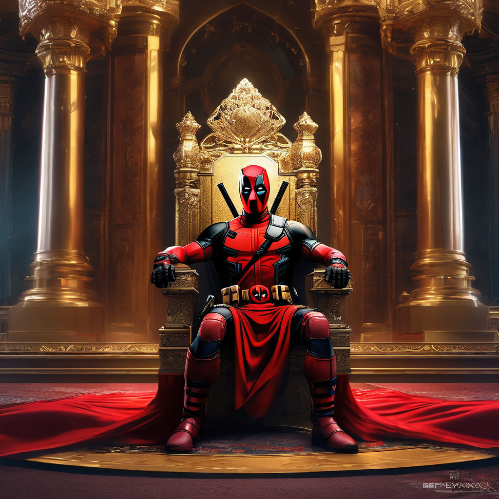 Deadpool sitting on throne golden suit