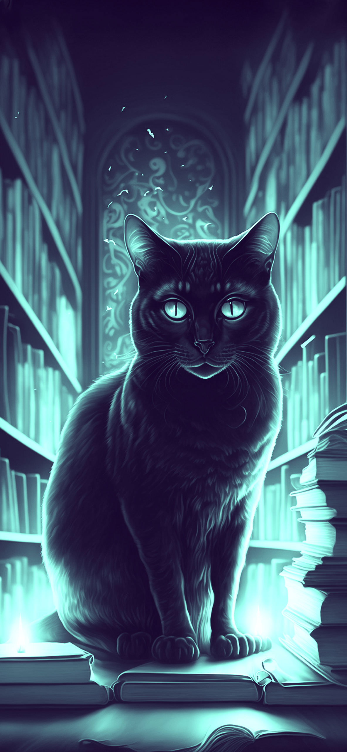 Black Cat in Library Wallpaper