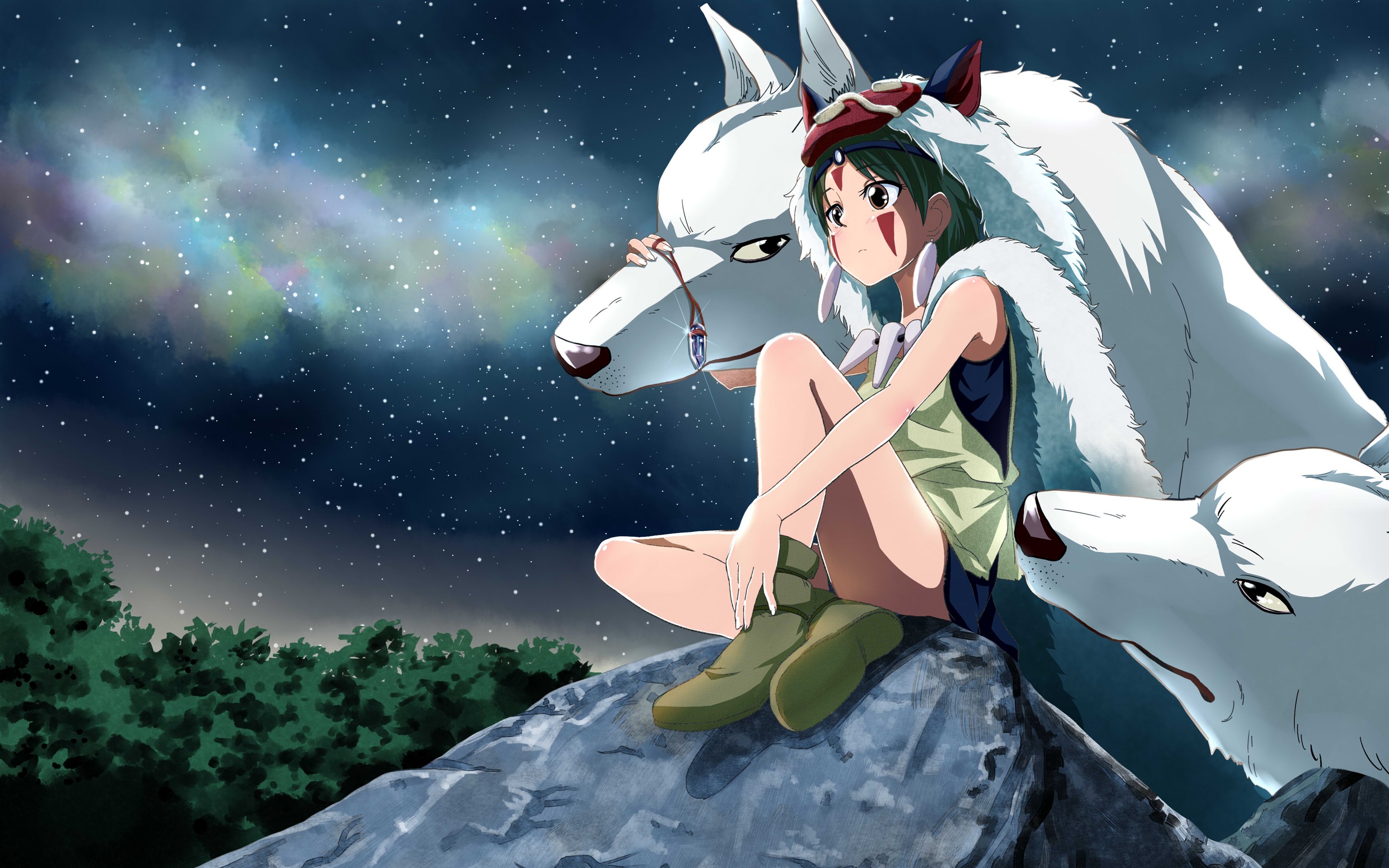 Wallpaper Anime girl and white wolf