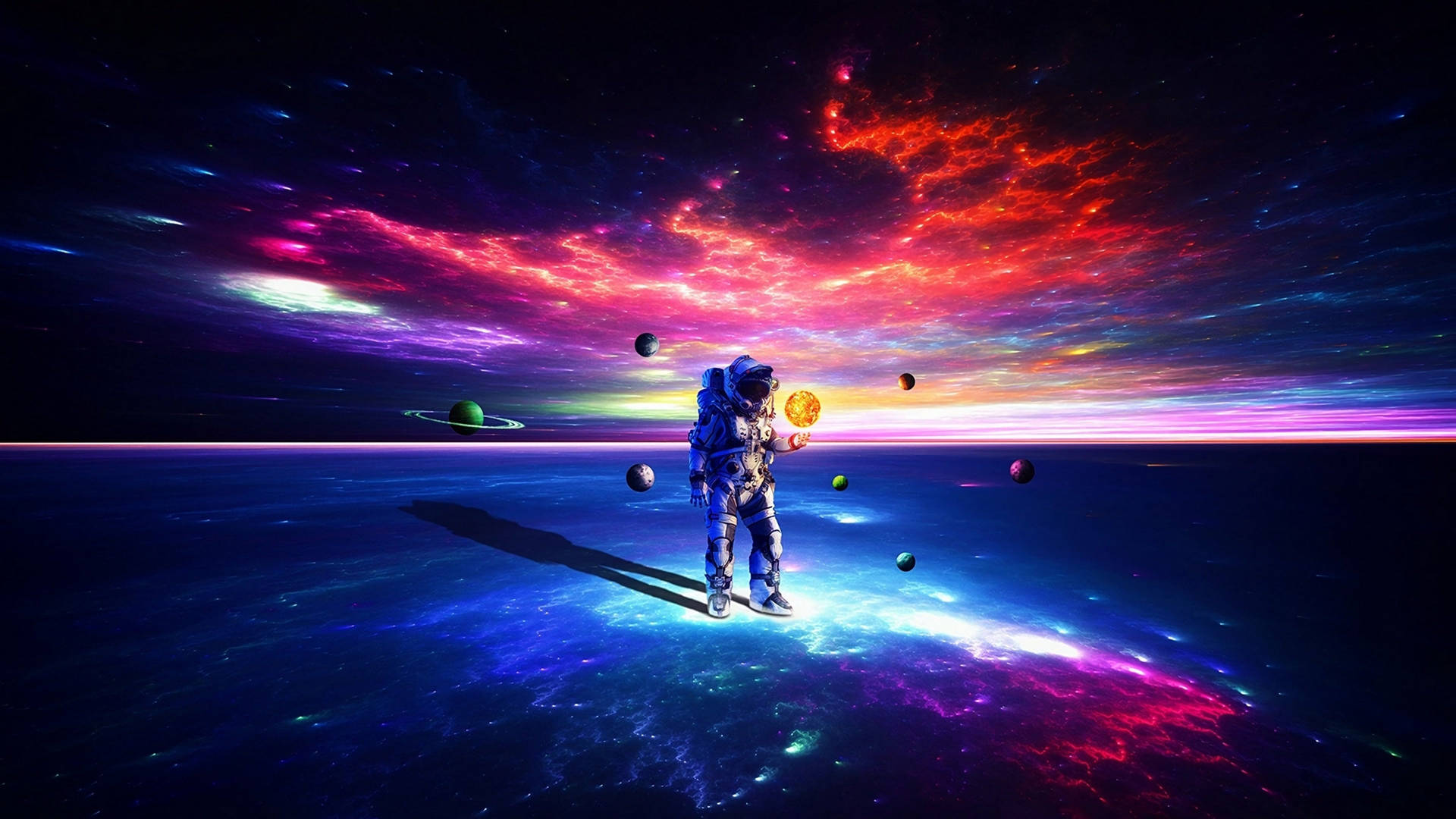 Download Astronaut Walking On Neon Planet Wallpaper