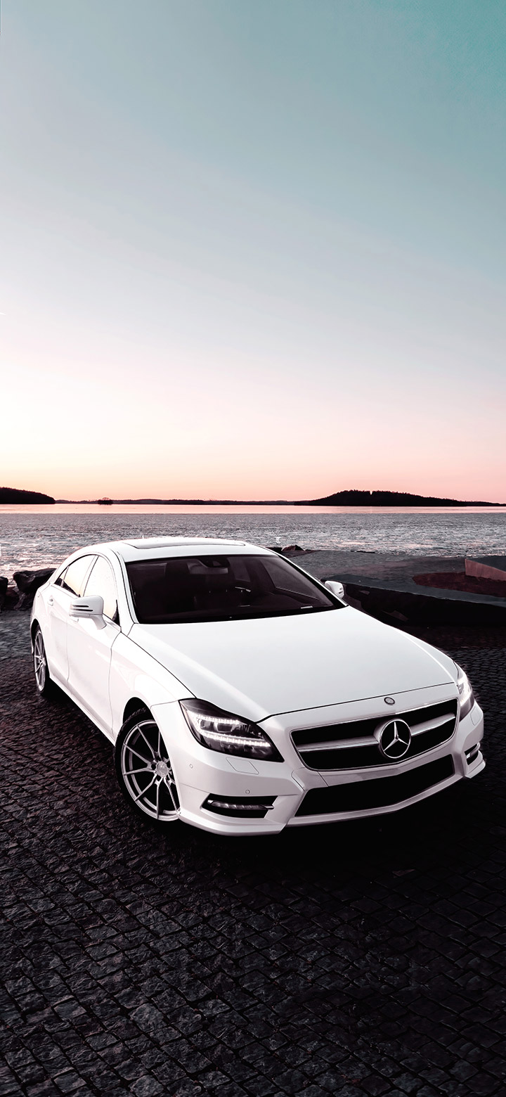 White Mercedes Cls Parked Near Sea 4K