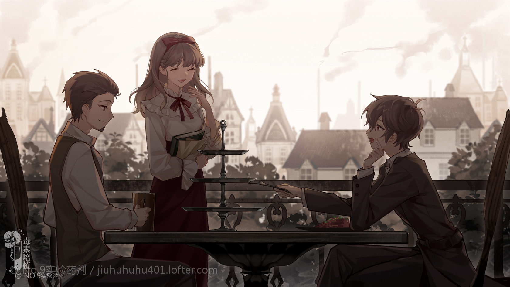 1girl 2boys bangs beard benson moretti