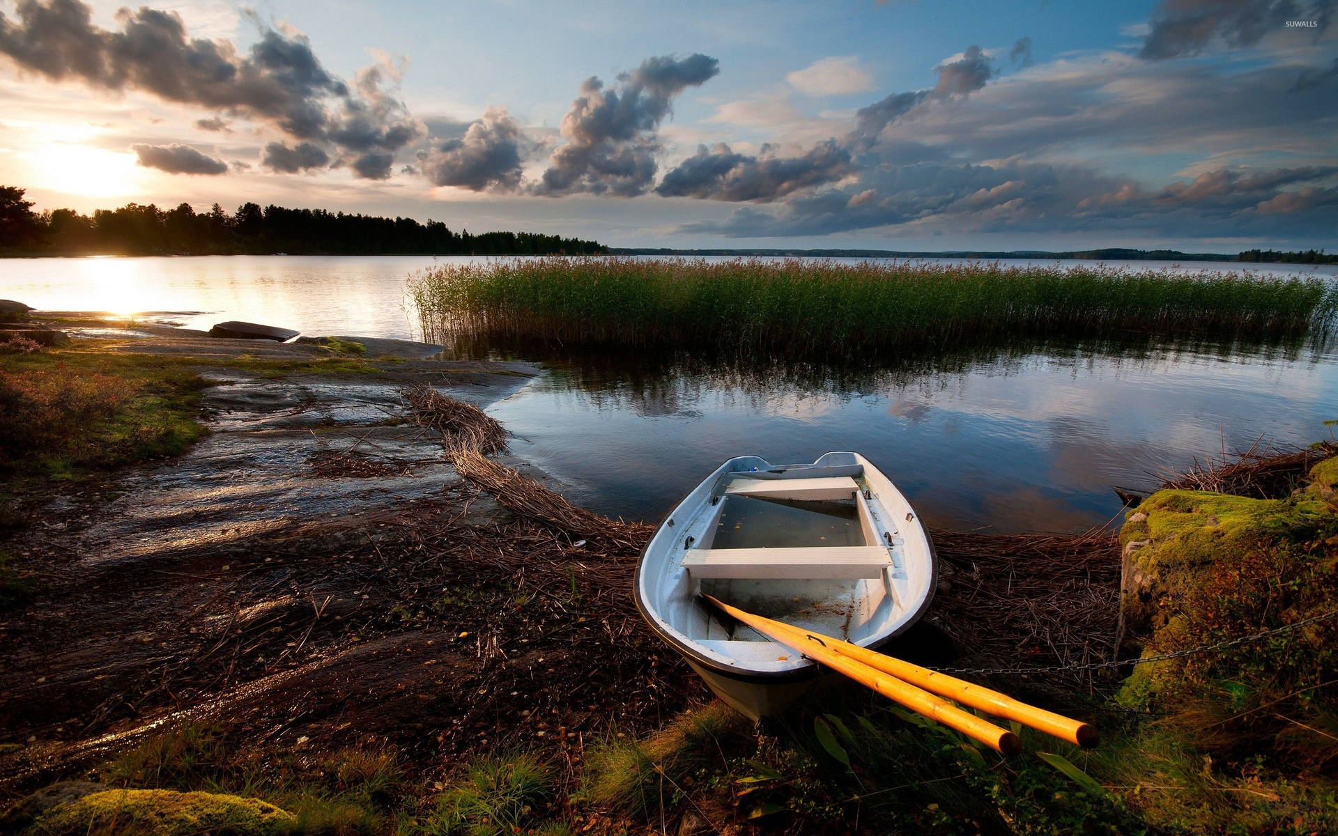 Fishing Boat Near The Lake Wallpaper