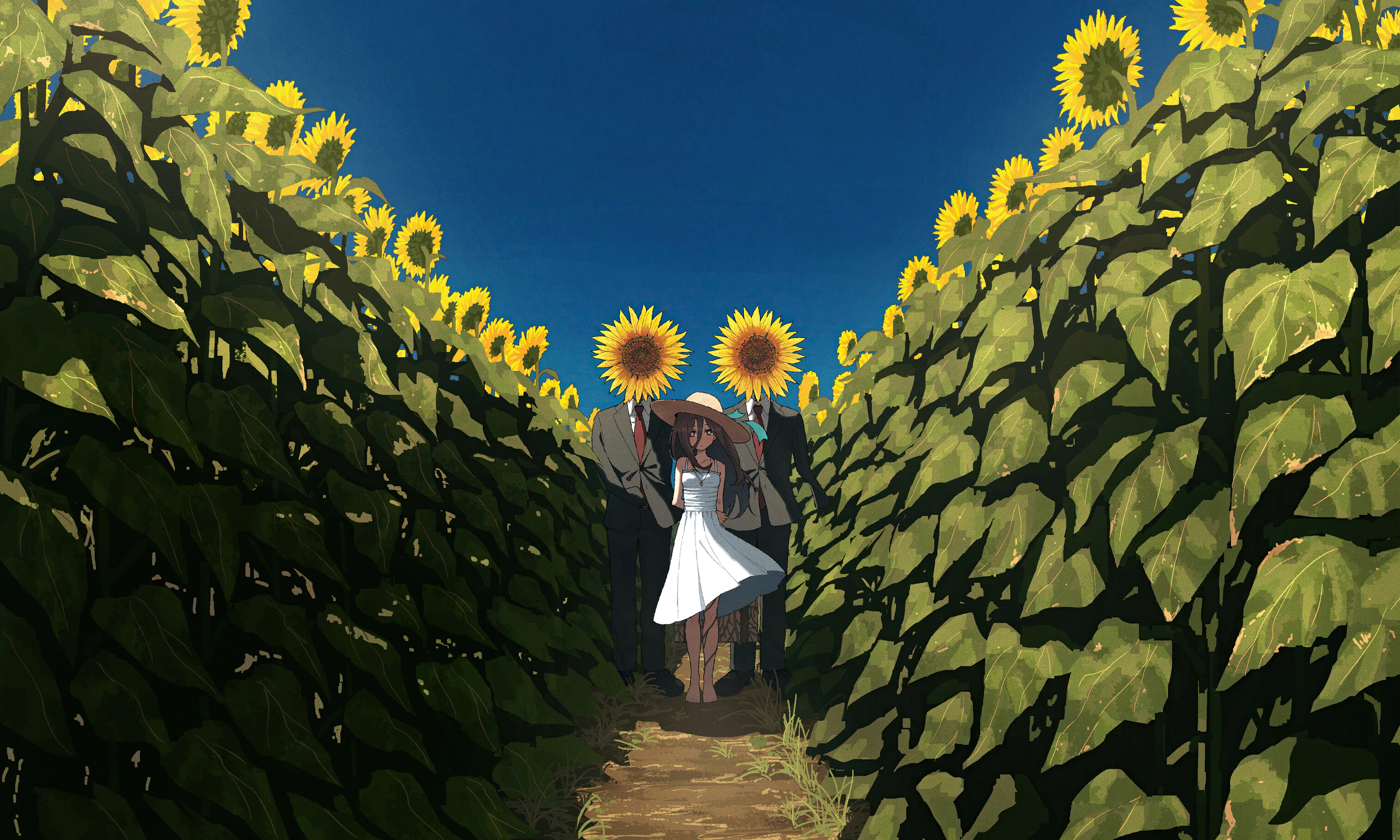clear sky, sunflowers, summer, dress
