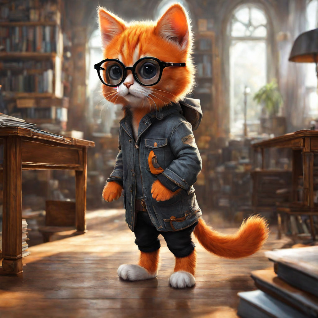 Cartoon cat wearing clothes standing