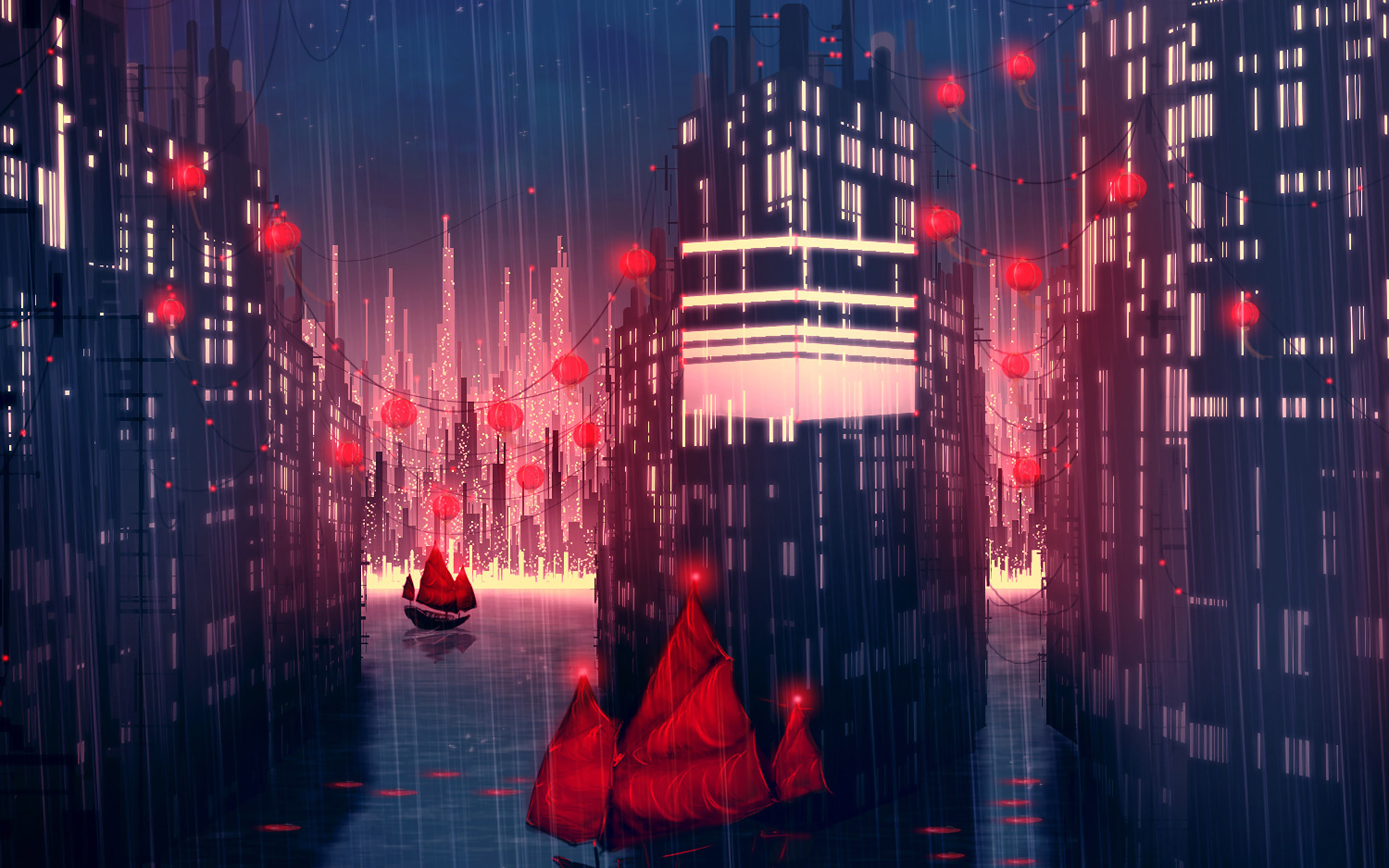 Rainy Anime City Art Illust