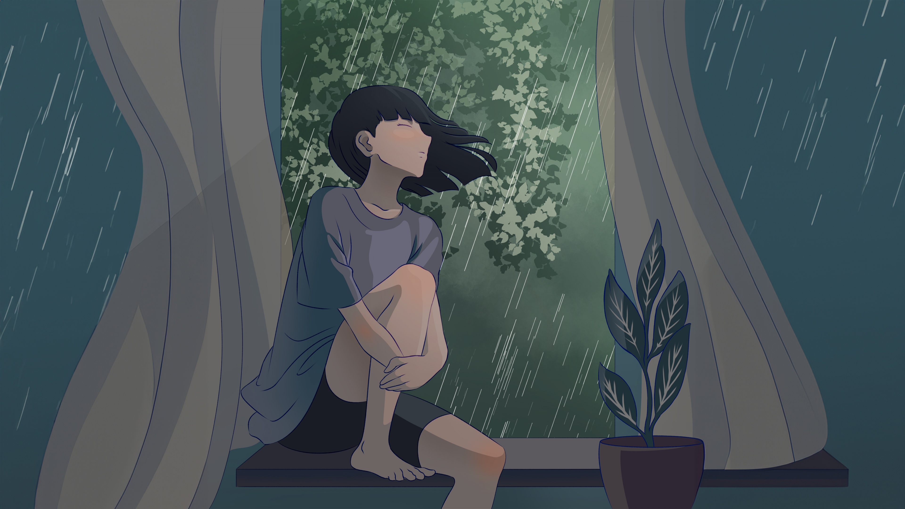 Lofi girl Wallpaper 4K, Raining, 5K