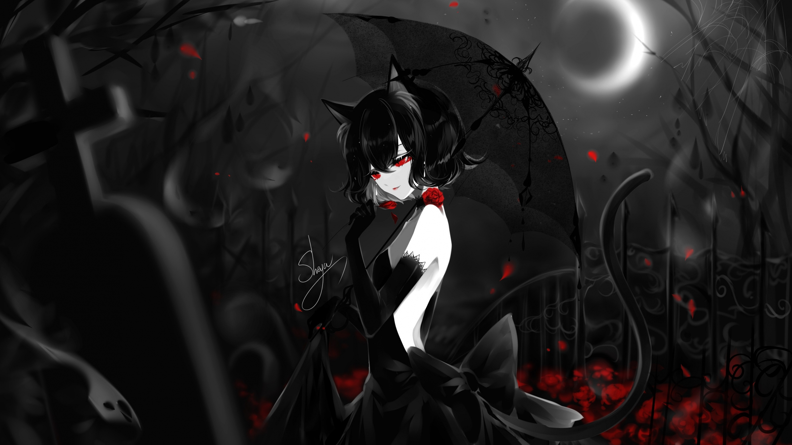 black, elf girl, anime, artwork