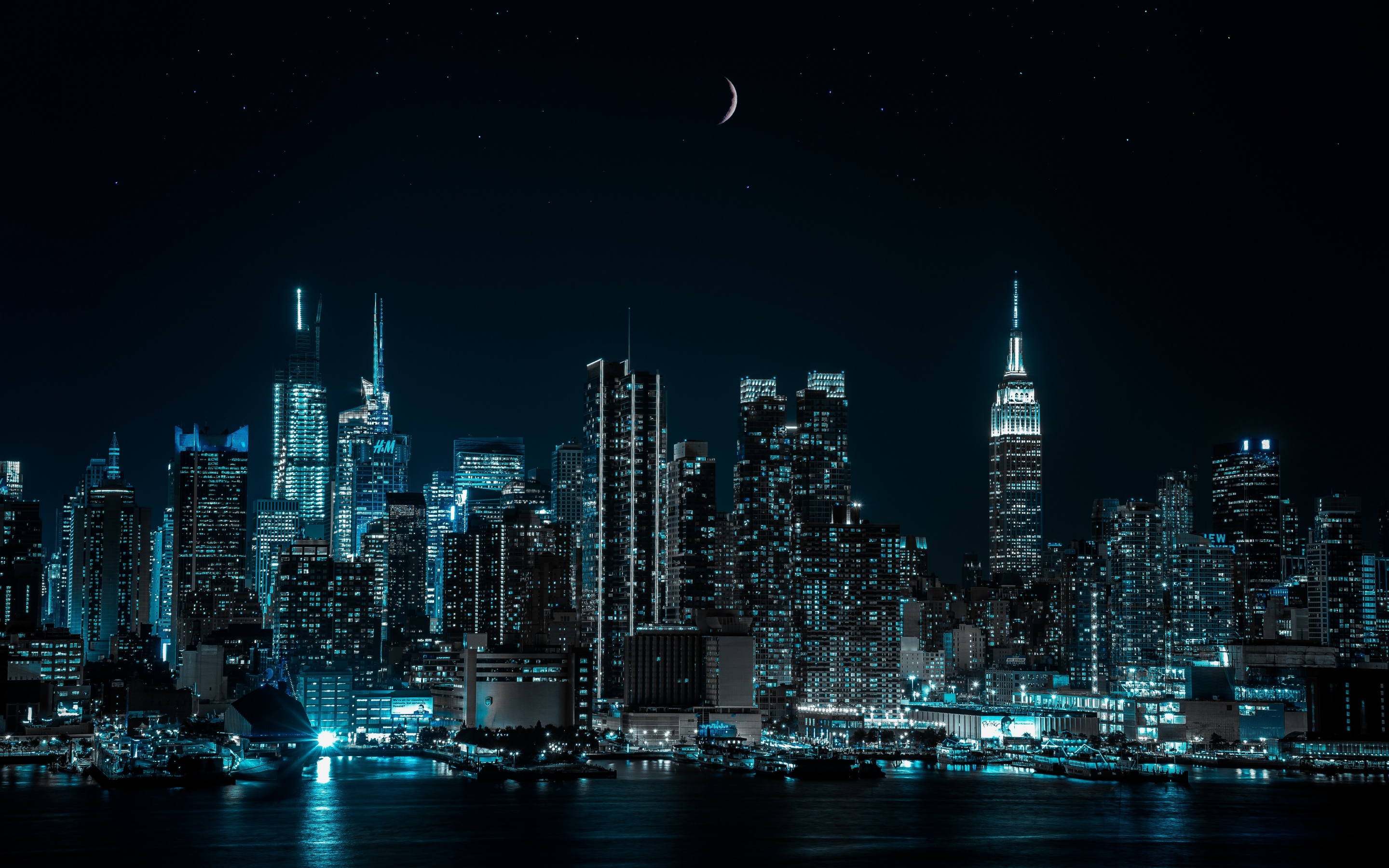 New York City Wallpaper 4K, Half moon, Cityscape, Night
