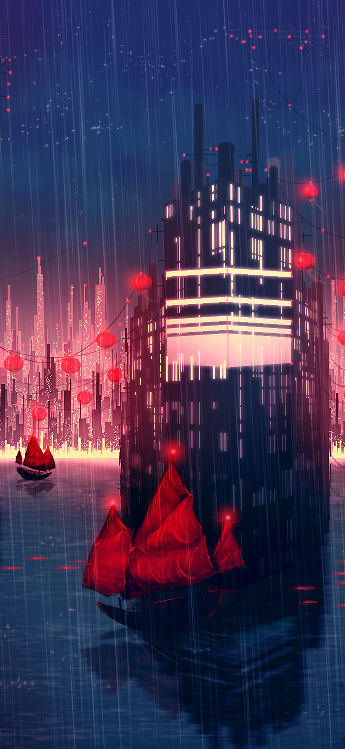Rainy Anime City Art Illust Wallpaper