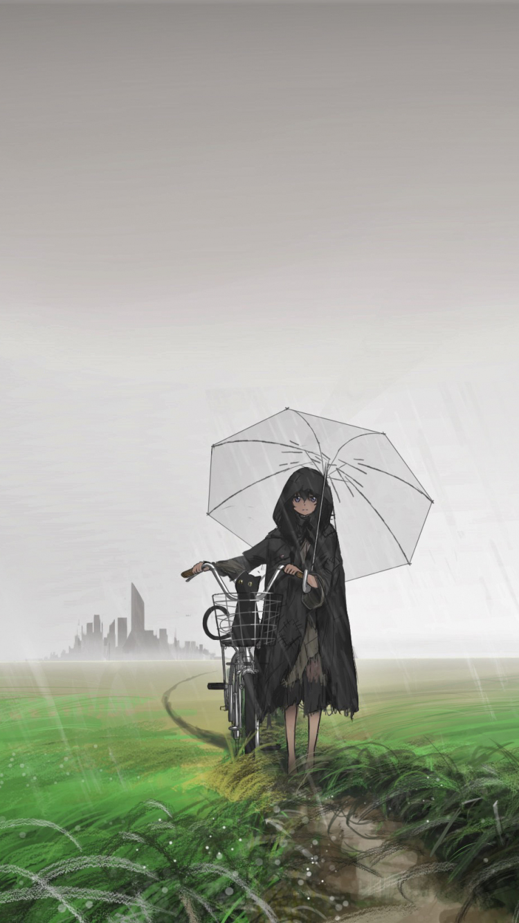 wallpaper 750x1334 rain, anime girl