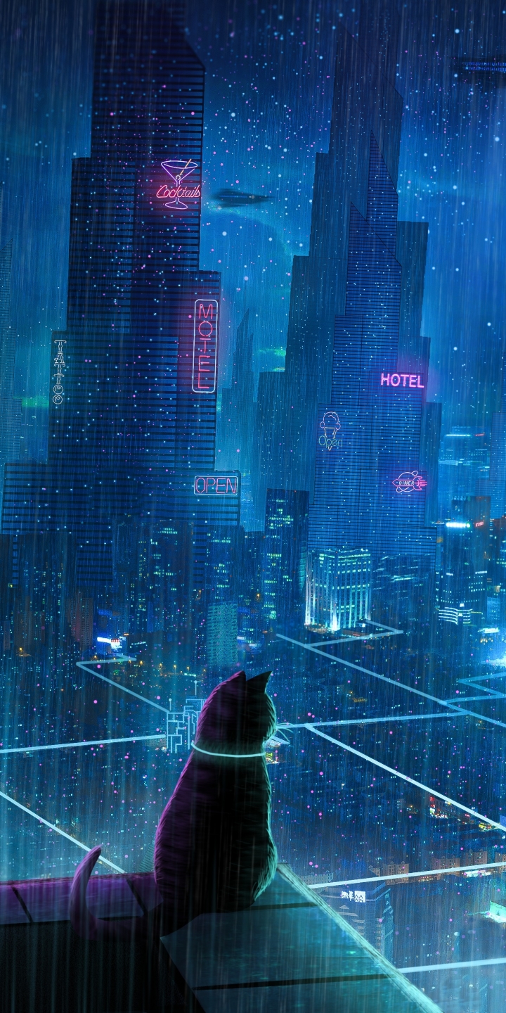 Mobile wallpaper: Anime, Rain, City