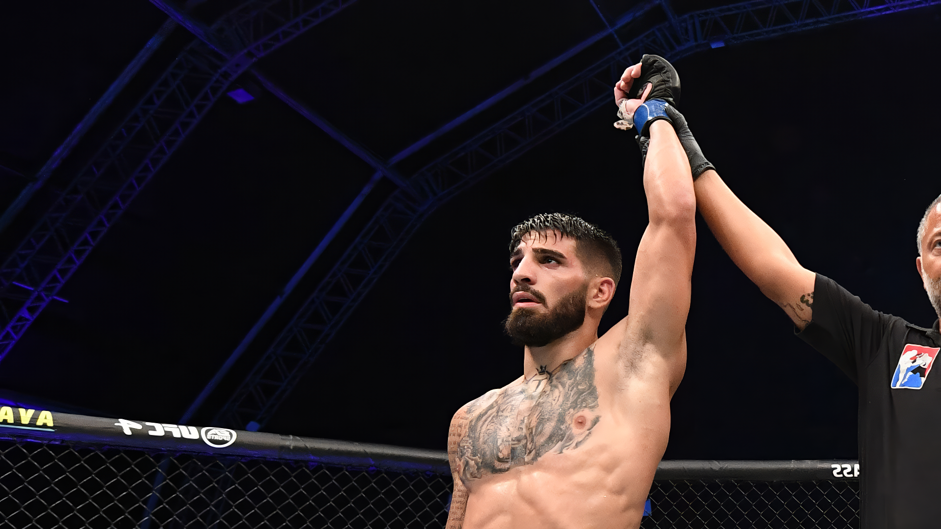 Victorious MMA Fighter Celebrating Win in Octagon Sports HD Wallpaper