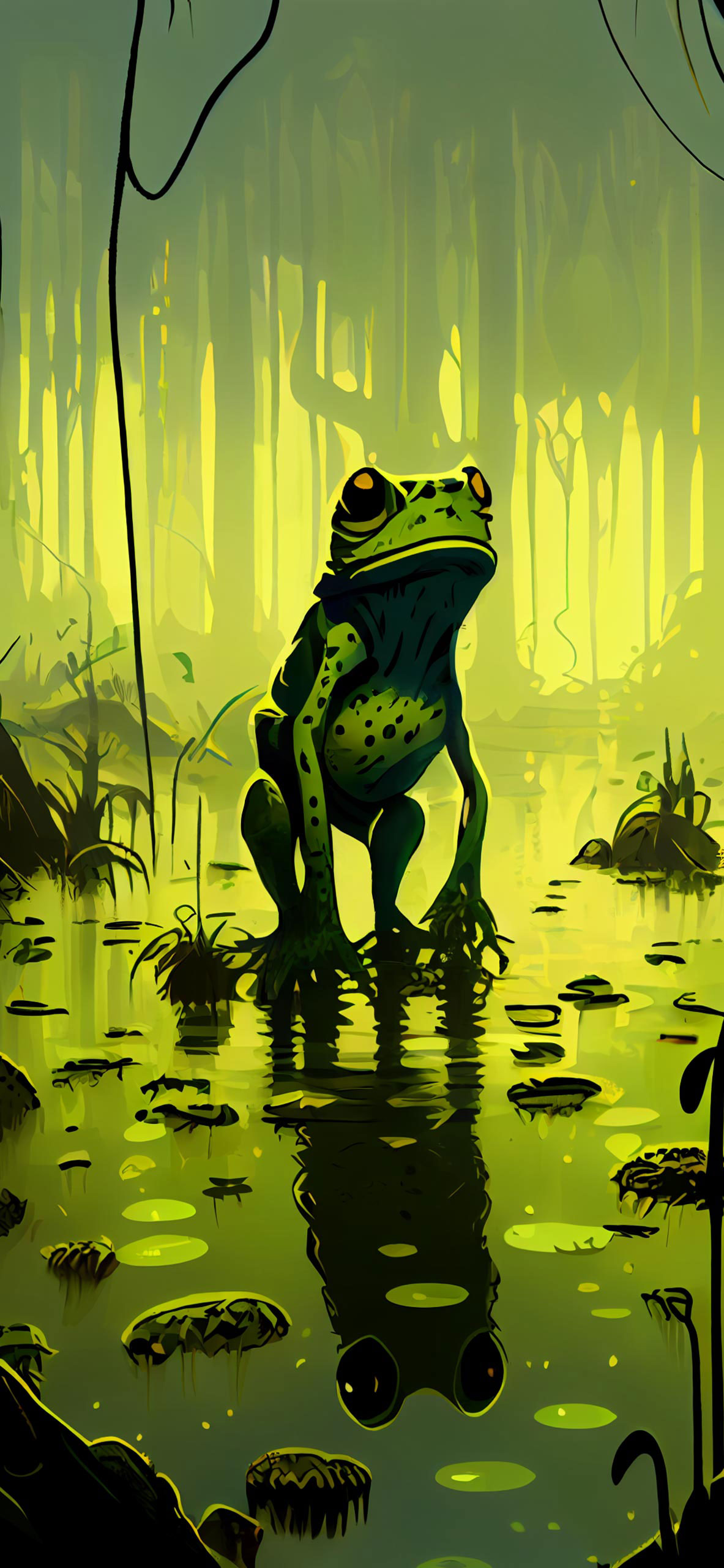 Frog in the Swamp Light Green Wallpaper