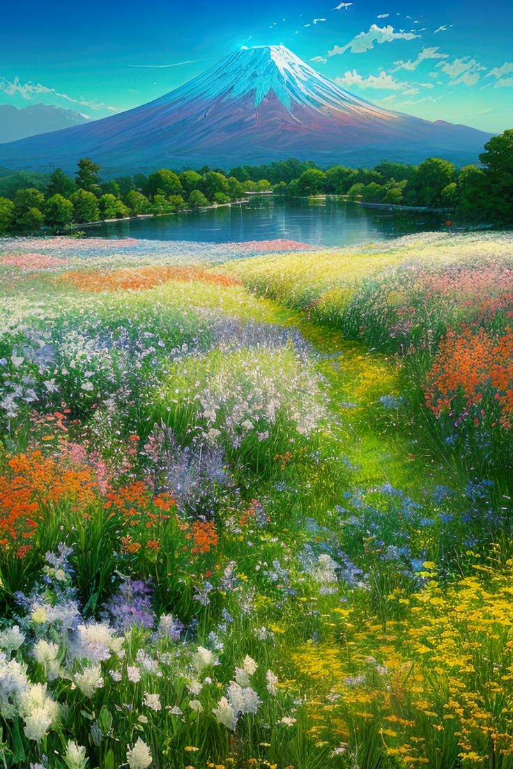 Colorful Meadow and Towering Mountain