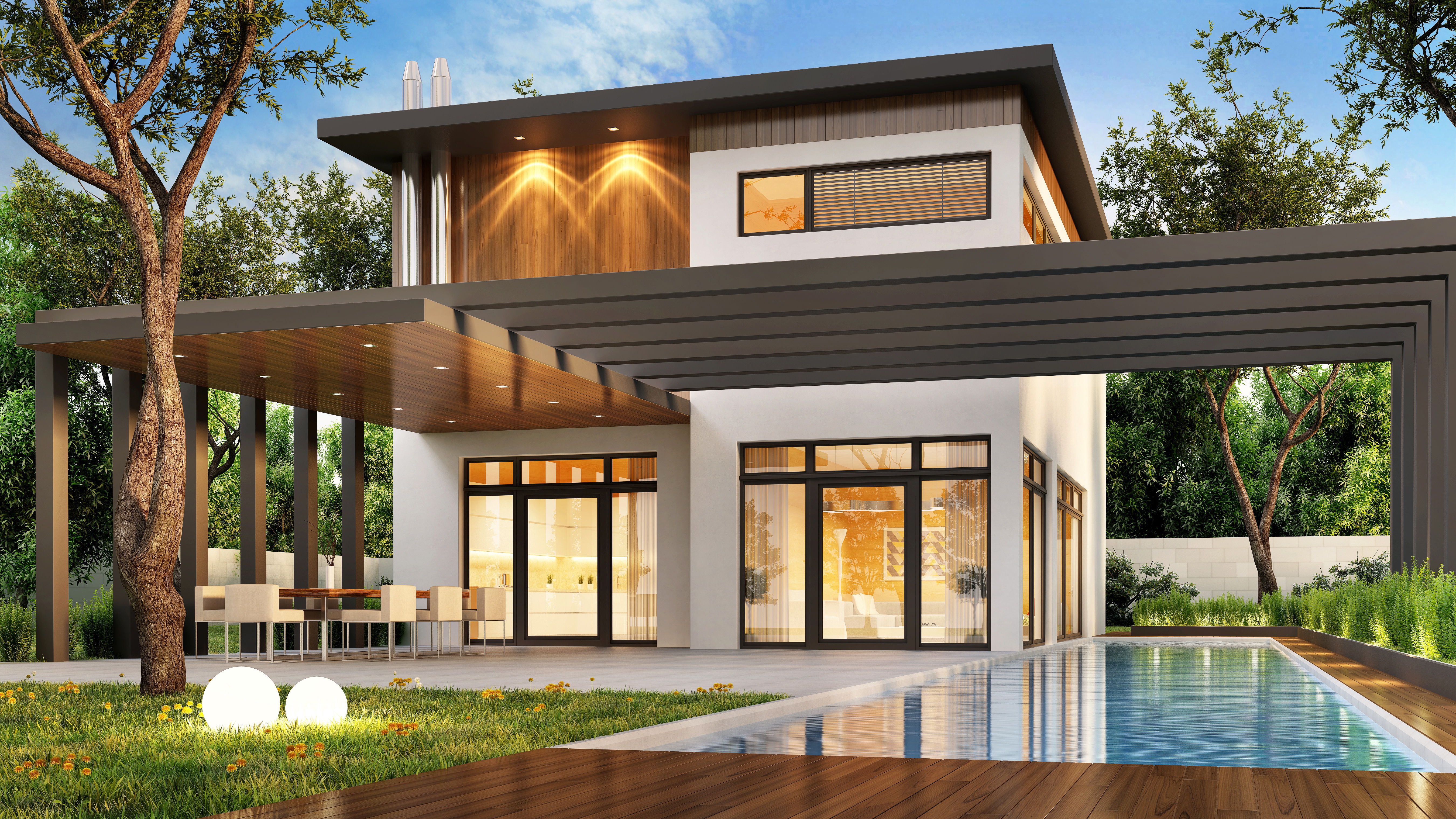 Wallpaper trees, design, house, lawn