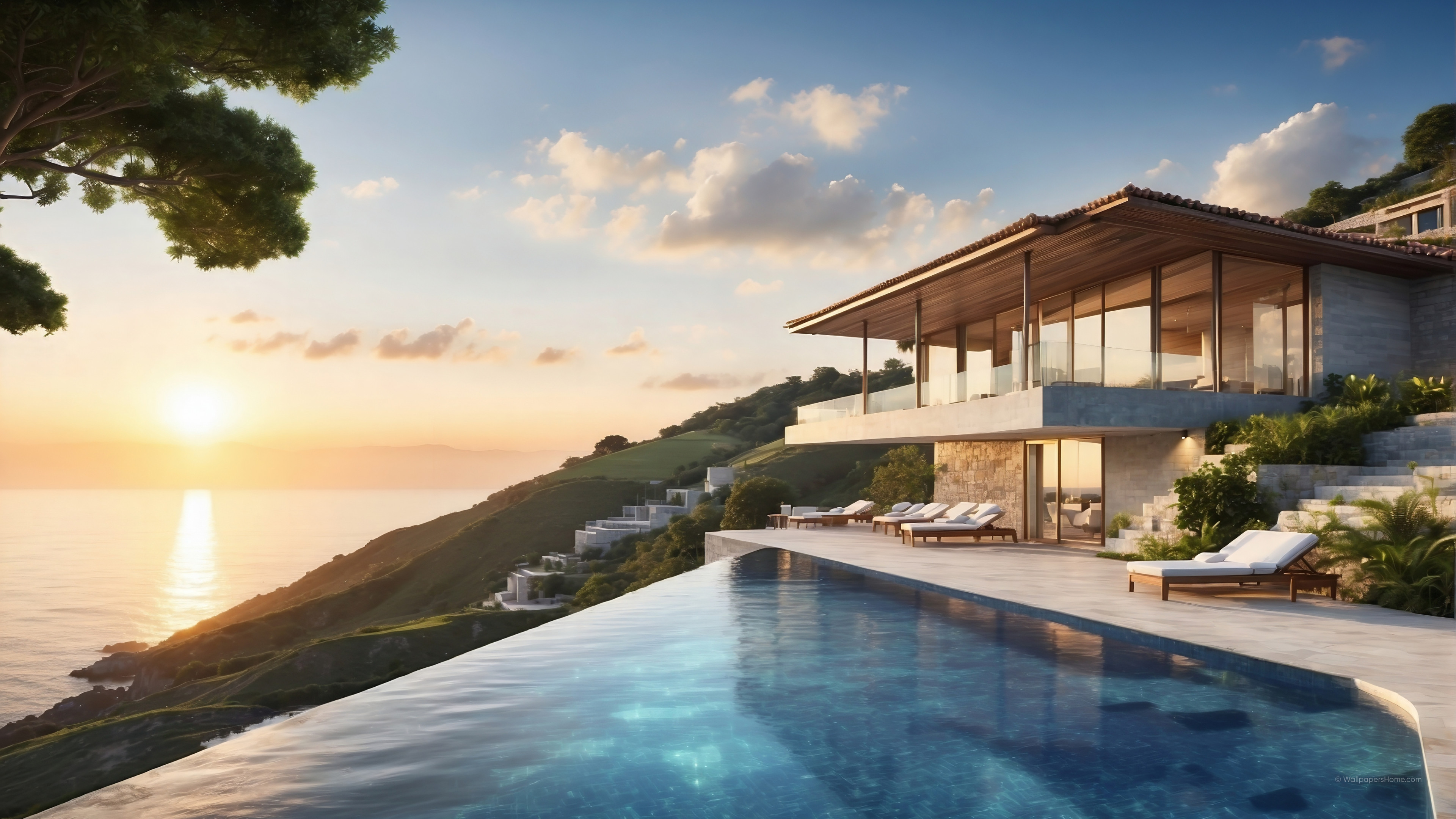 Wallpaper modern house, pool, sunset