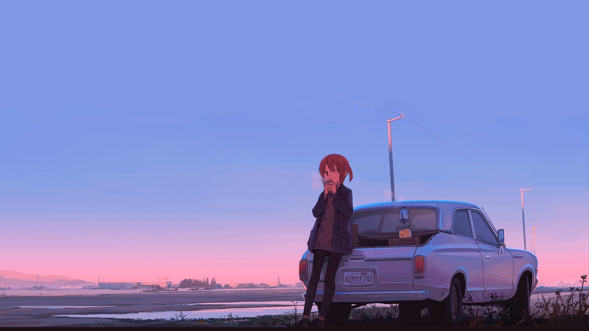 Wallpaper road, auto, girl, anime