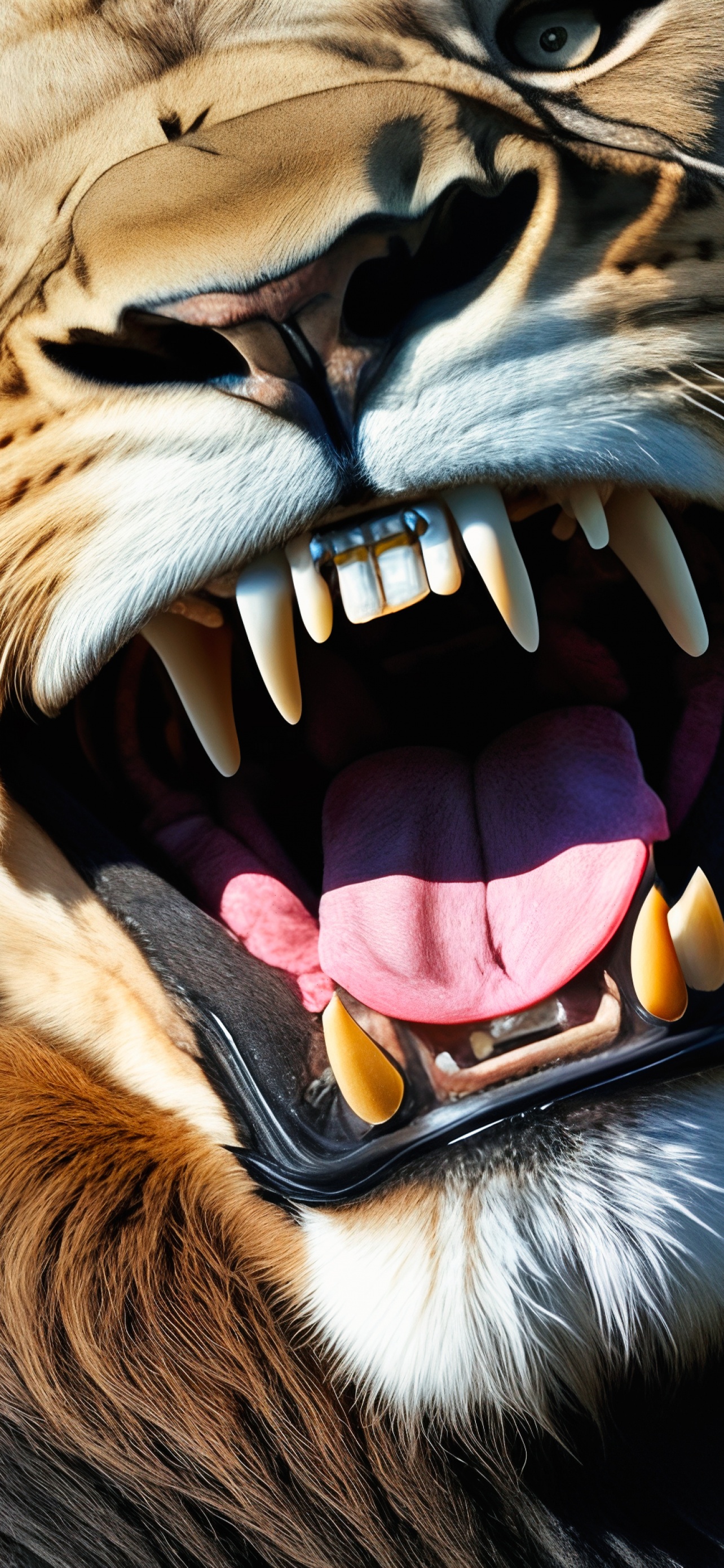 Lion Wallpaper 4K, AI art, Roaring, Closeup