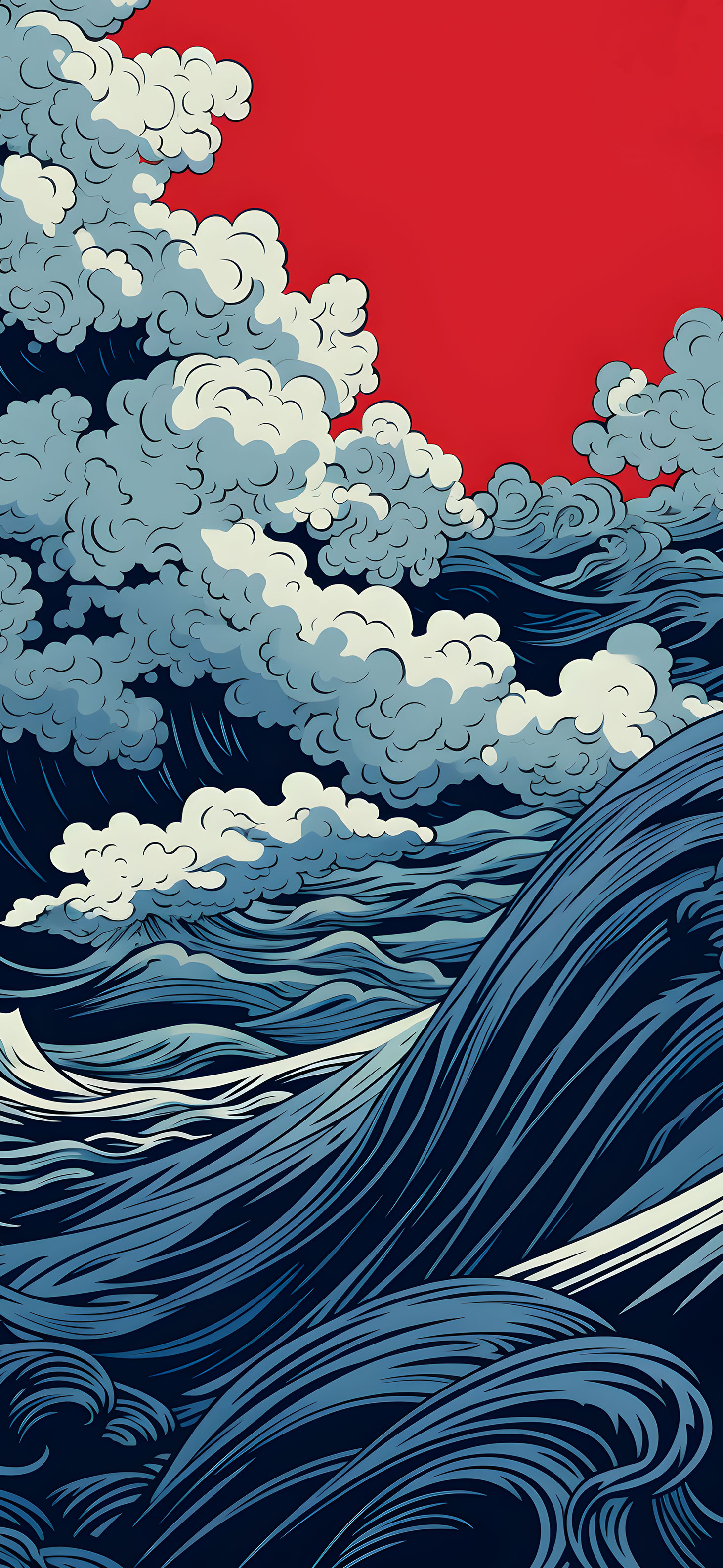 Dynamic Blue Waves on Red Background