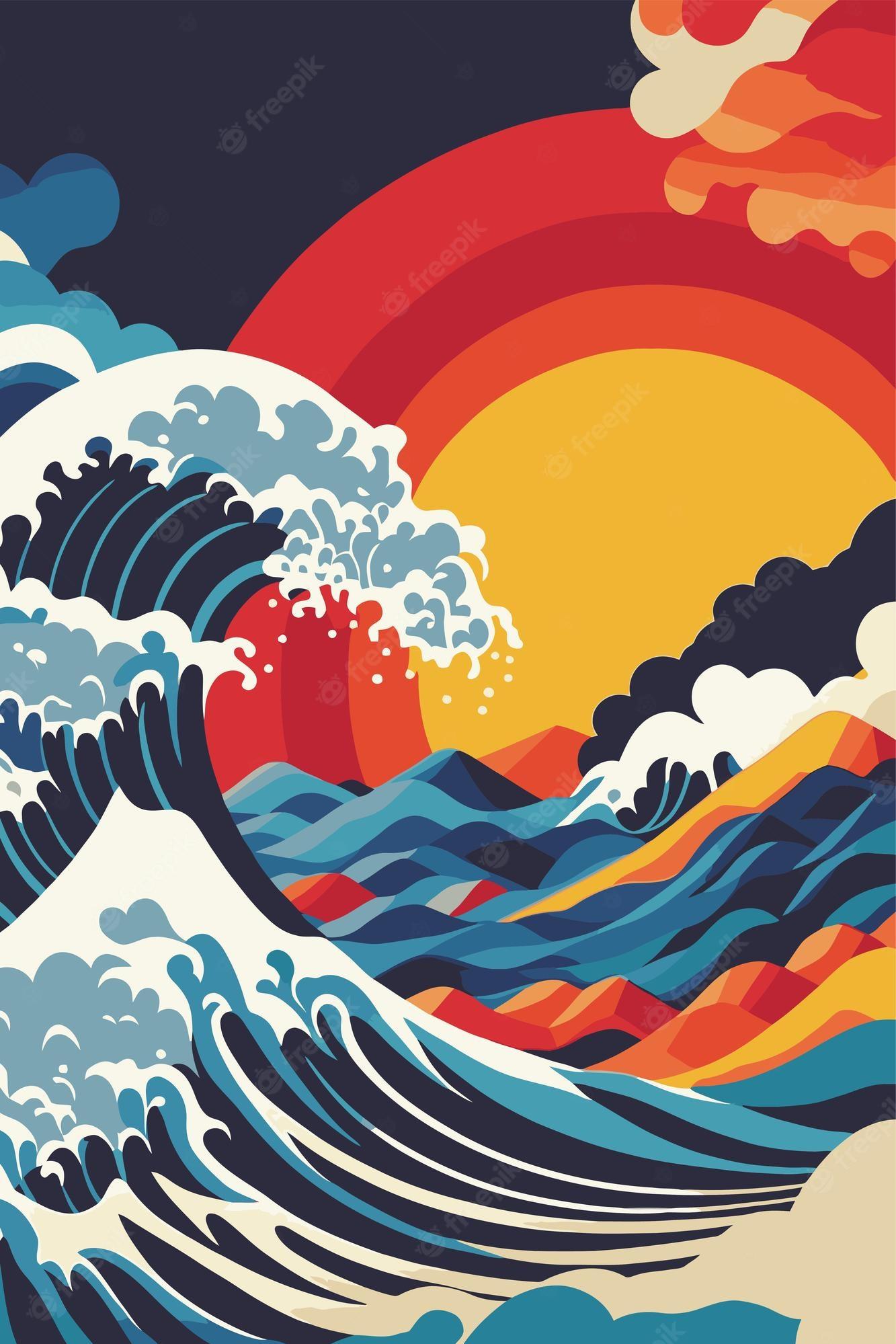 The Great Wave Red Wallpaper
