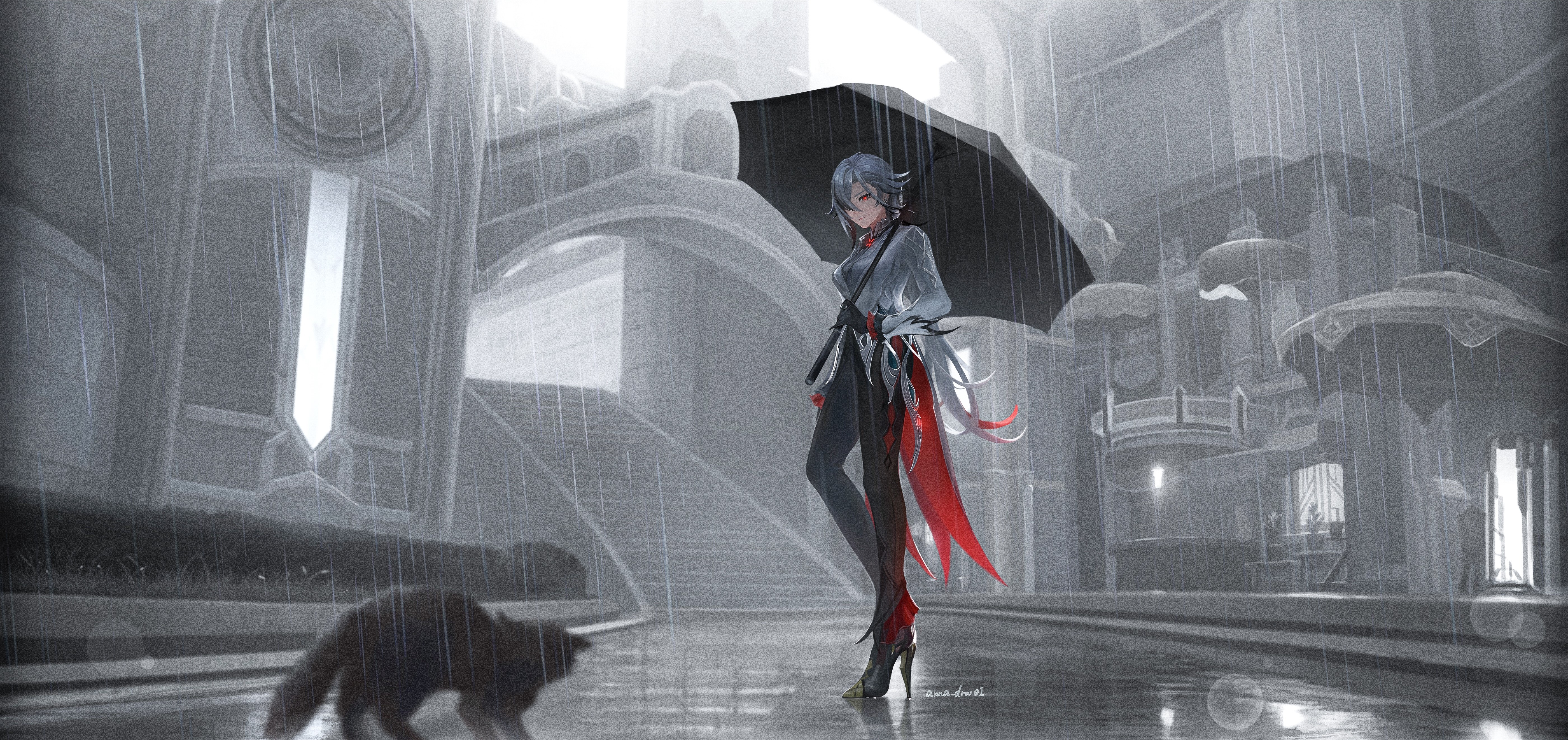 Arlecchino & Cat in the Rain Impact 4K Ultra HD Wallpaper by アナ