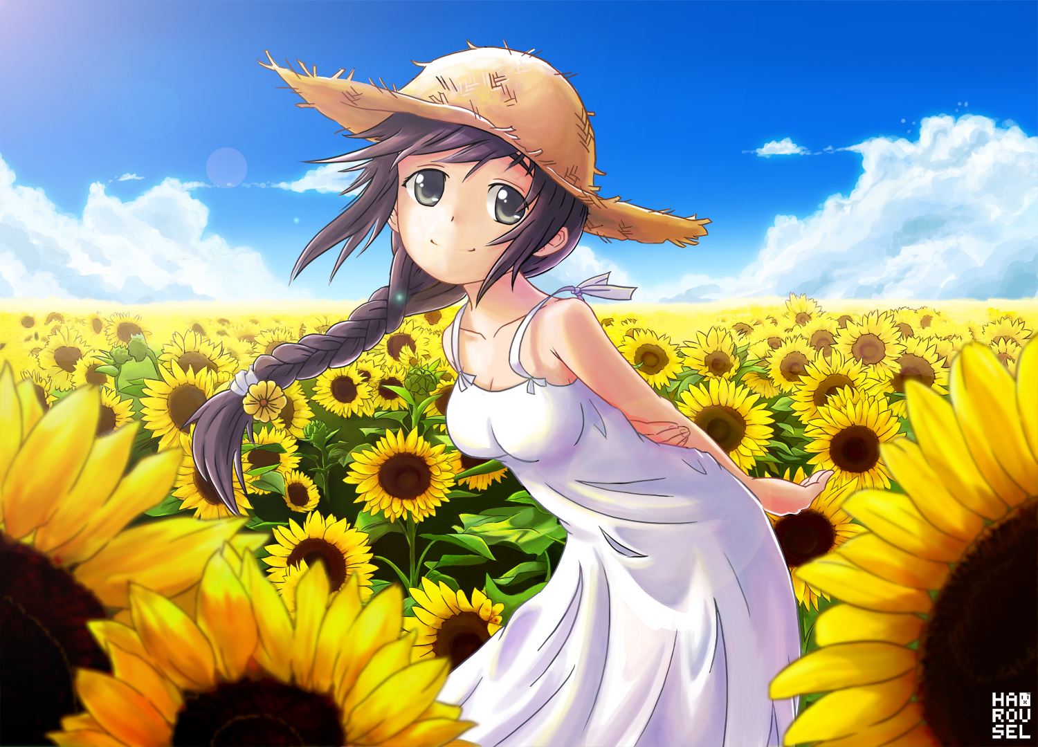 black hair braids clouds dress flowers