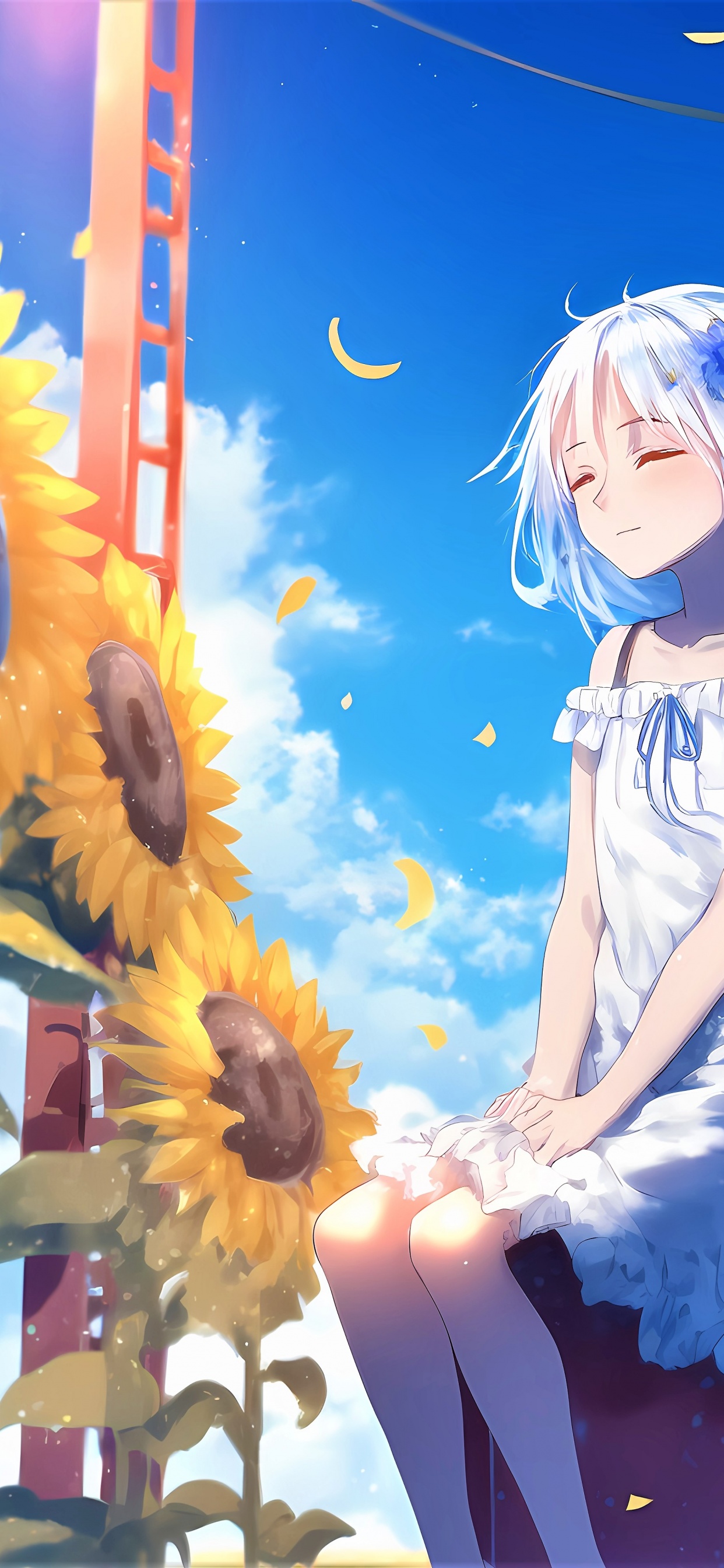Wallpaper 4K, Sunflowers, Anime girl