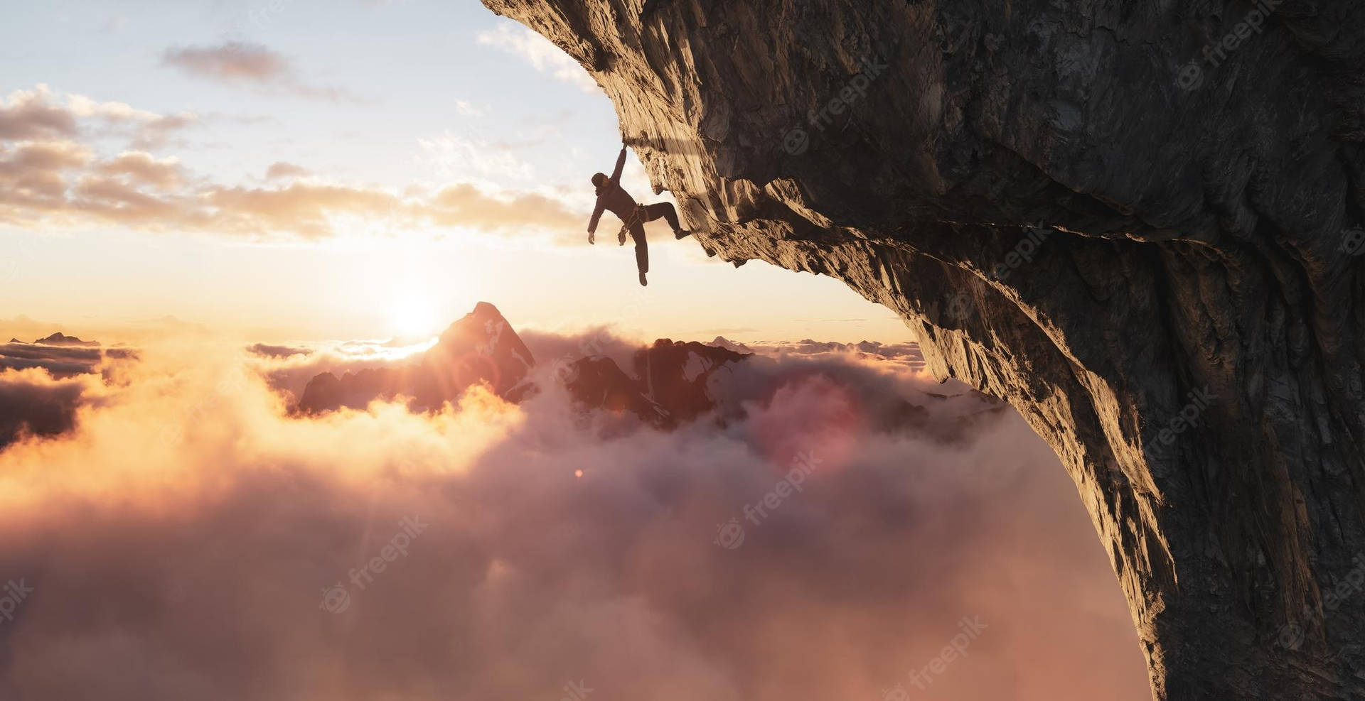 Download Man Rock Climbing Over A Foggy Mountain View Wallpaper