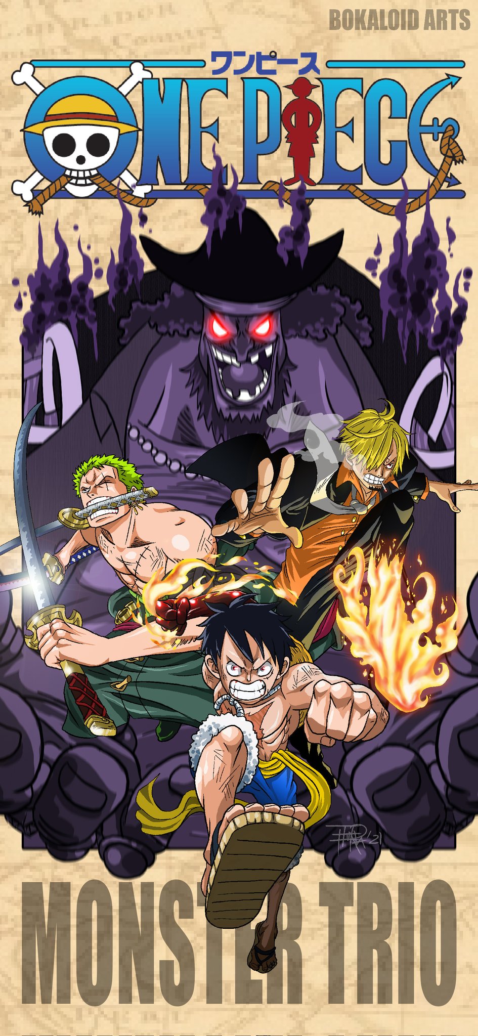 Bokaloid Arts Trio phone wallpaper drawn by me. #Onepiece #Onepiecefanart #onepiecefan #luffy #zoro #sanji #strawhats #monstertrio