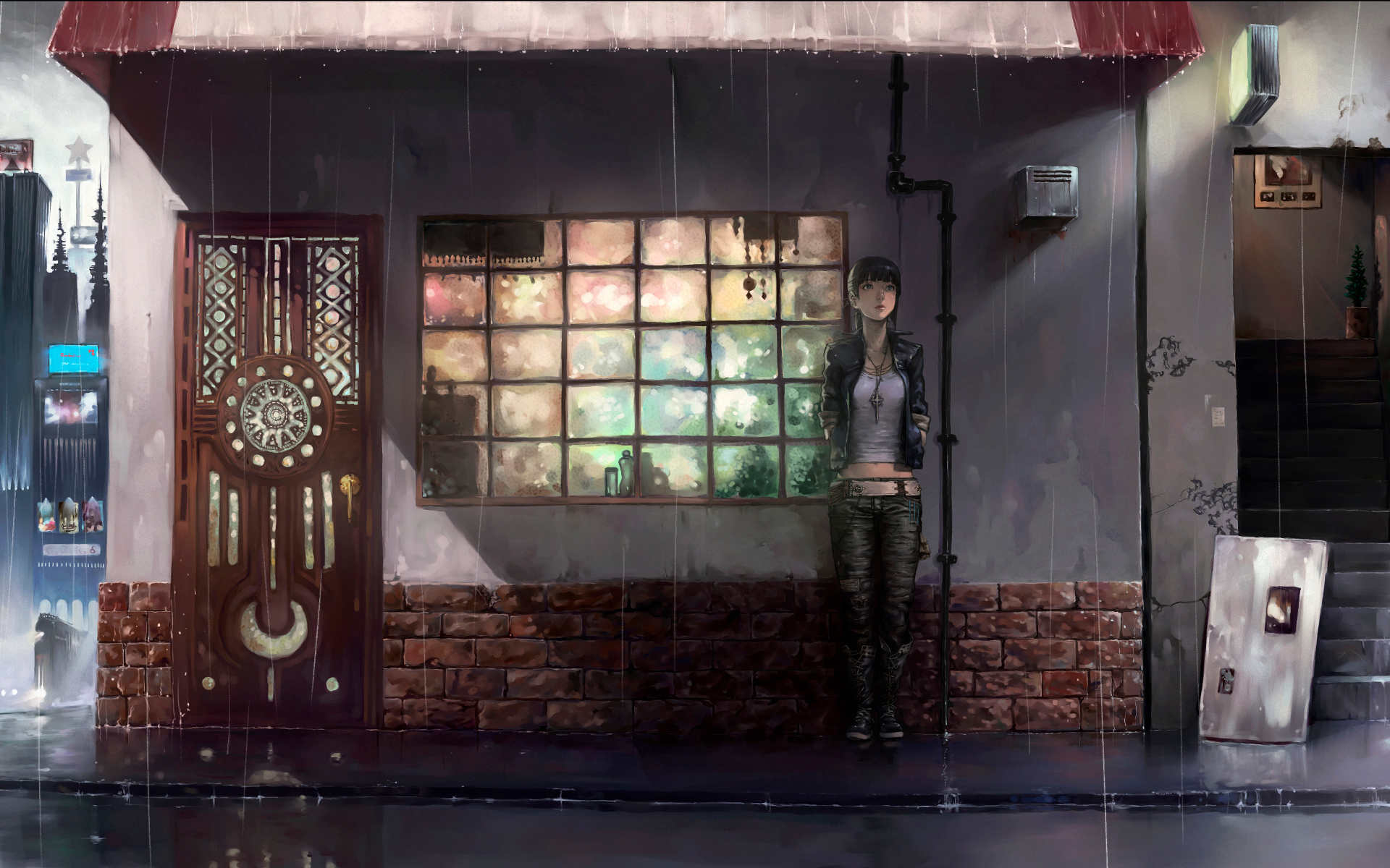 Wallpaper girl, rain, anime, the door