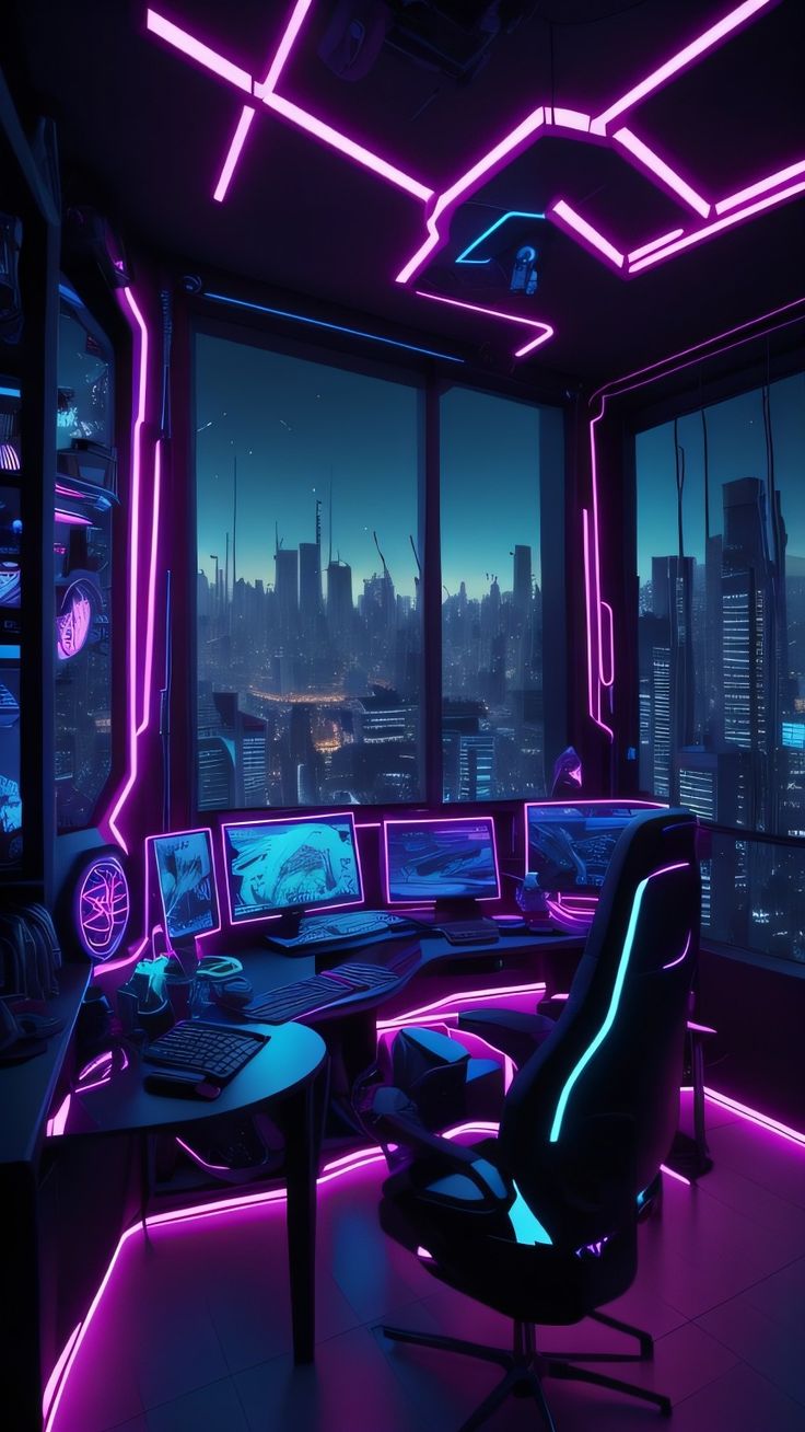 Neon Computer Room With City Background