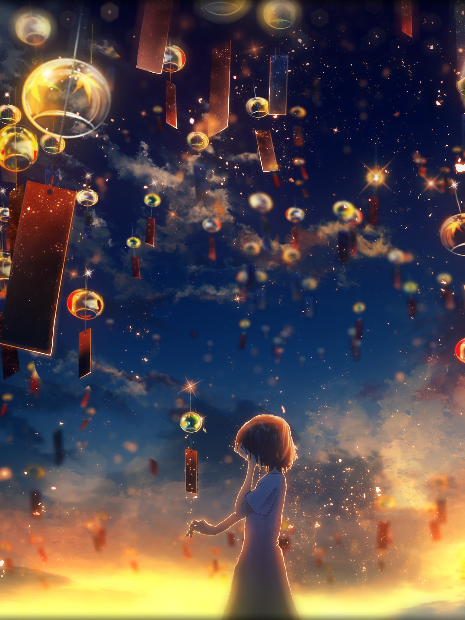 Anime Girl Crying Sunset Sky Lantern 4K