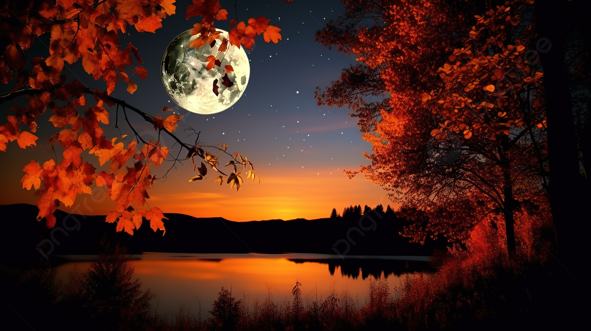 Free HD Wallpaper Of The Moon And Autumn Leaves On The Lake, Good Night Fall Picture, Good Powerpoint, Good Night Background Image And Wallpaper for Free Download