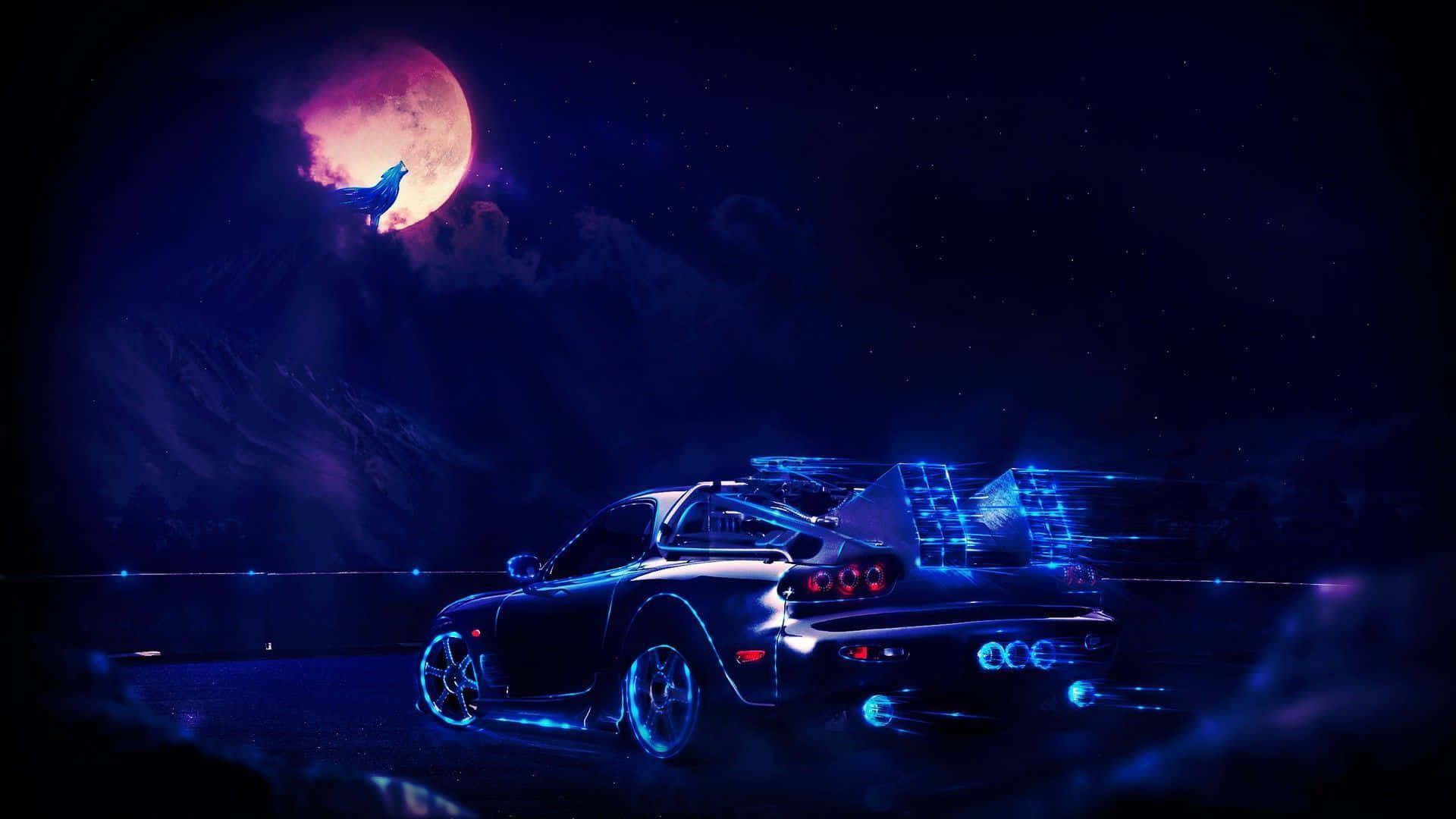 Download A Car Is In The Night Sky With A Moon Wallpaper