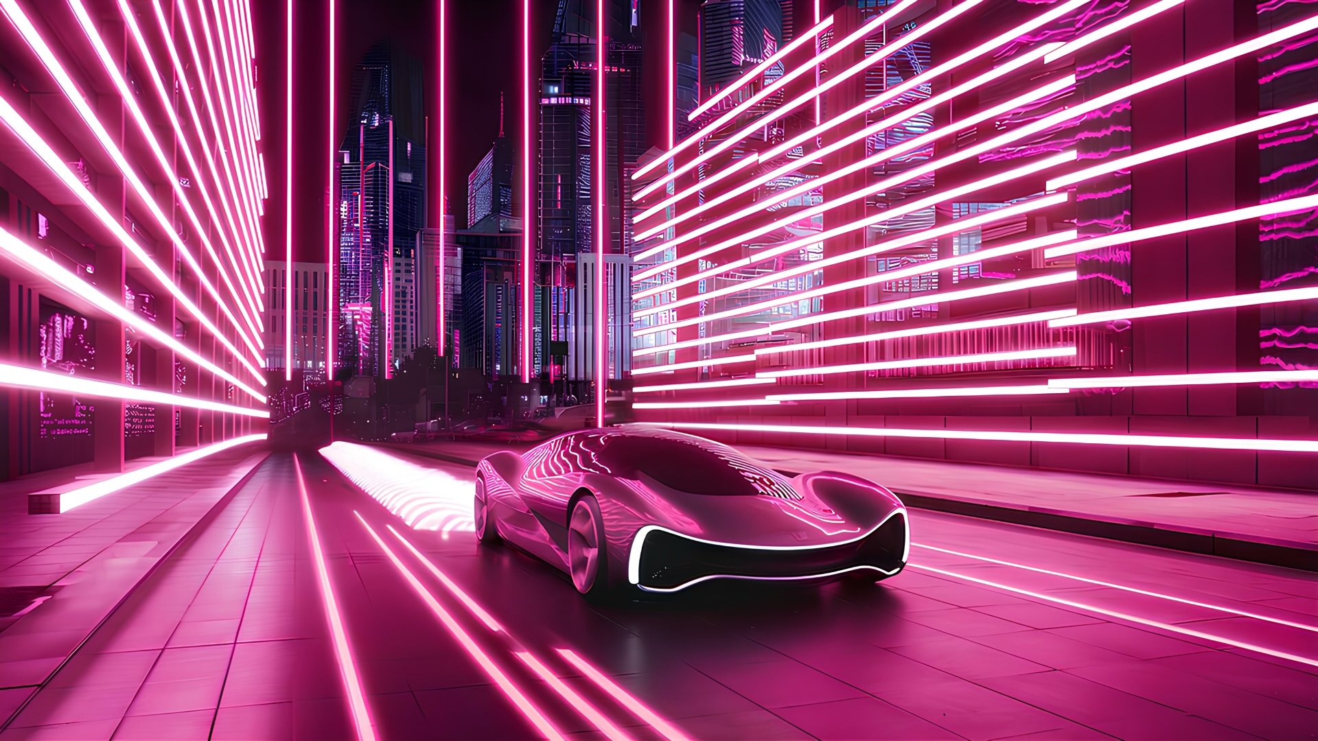 Futuristic car speeding through neon cityscape