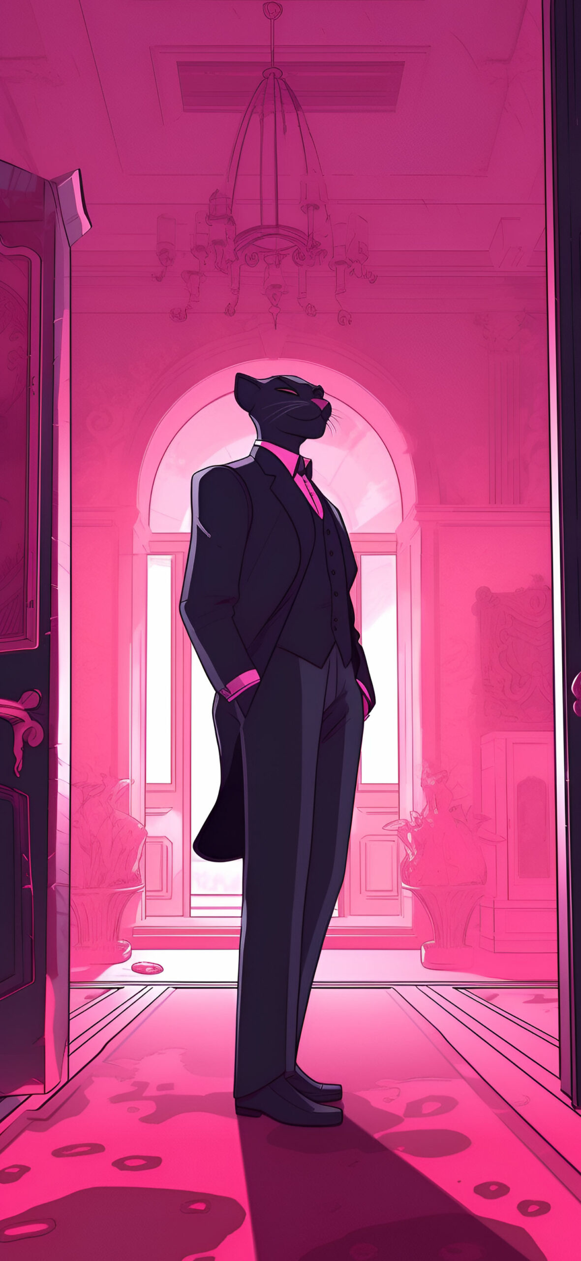 Panther in Tuxedo Pink Wallpaper