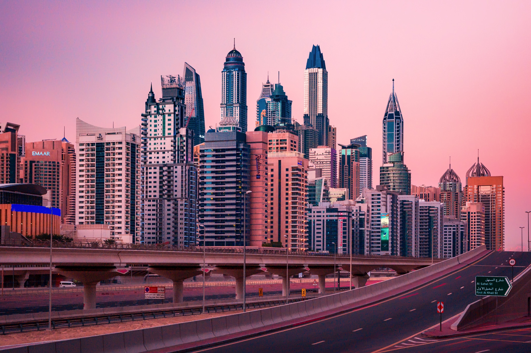 City, Skyscraper, Road, Dubai, Evening