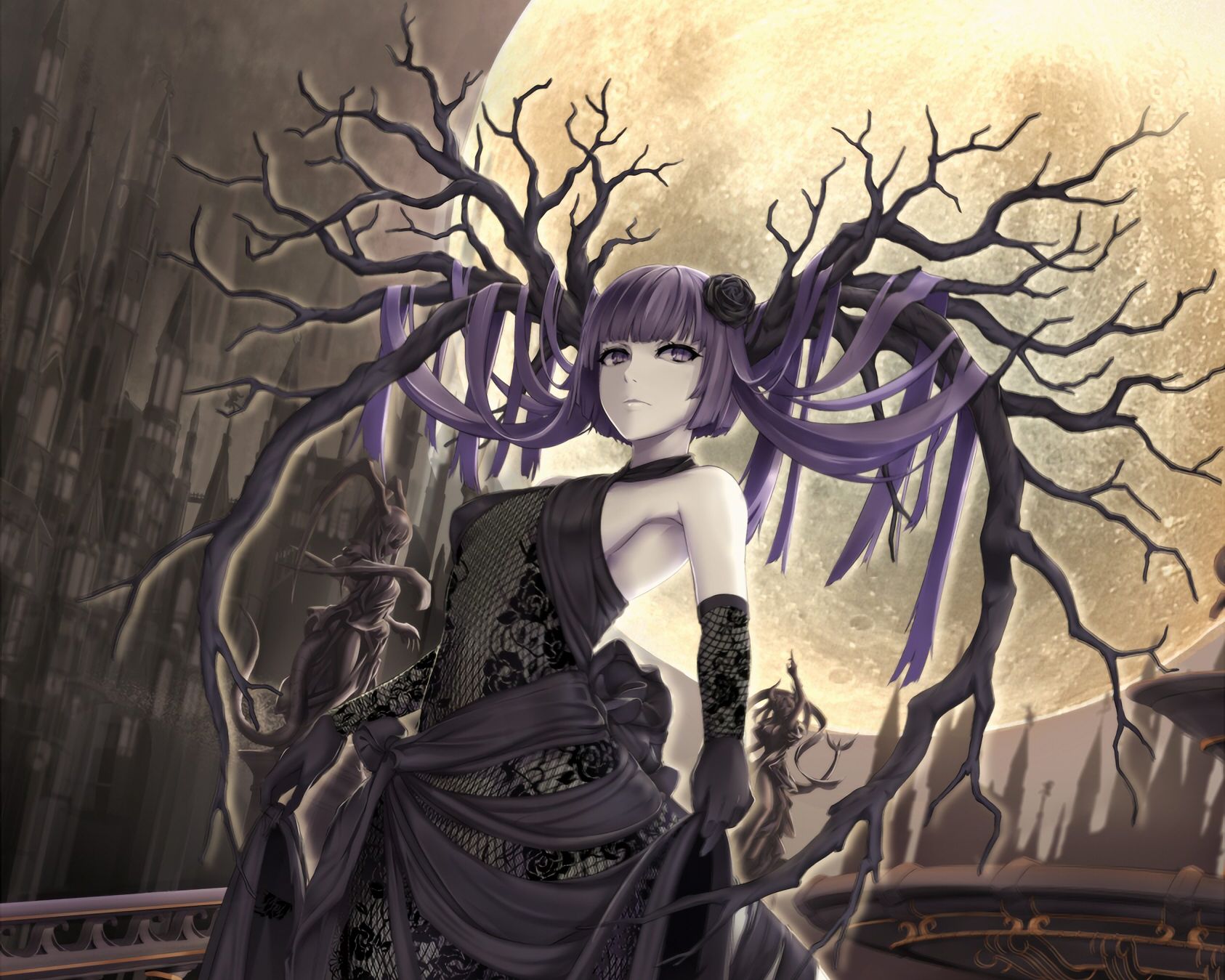 Anime, Fantasy, Gothic, Moon, Statue