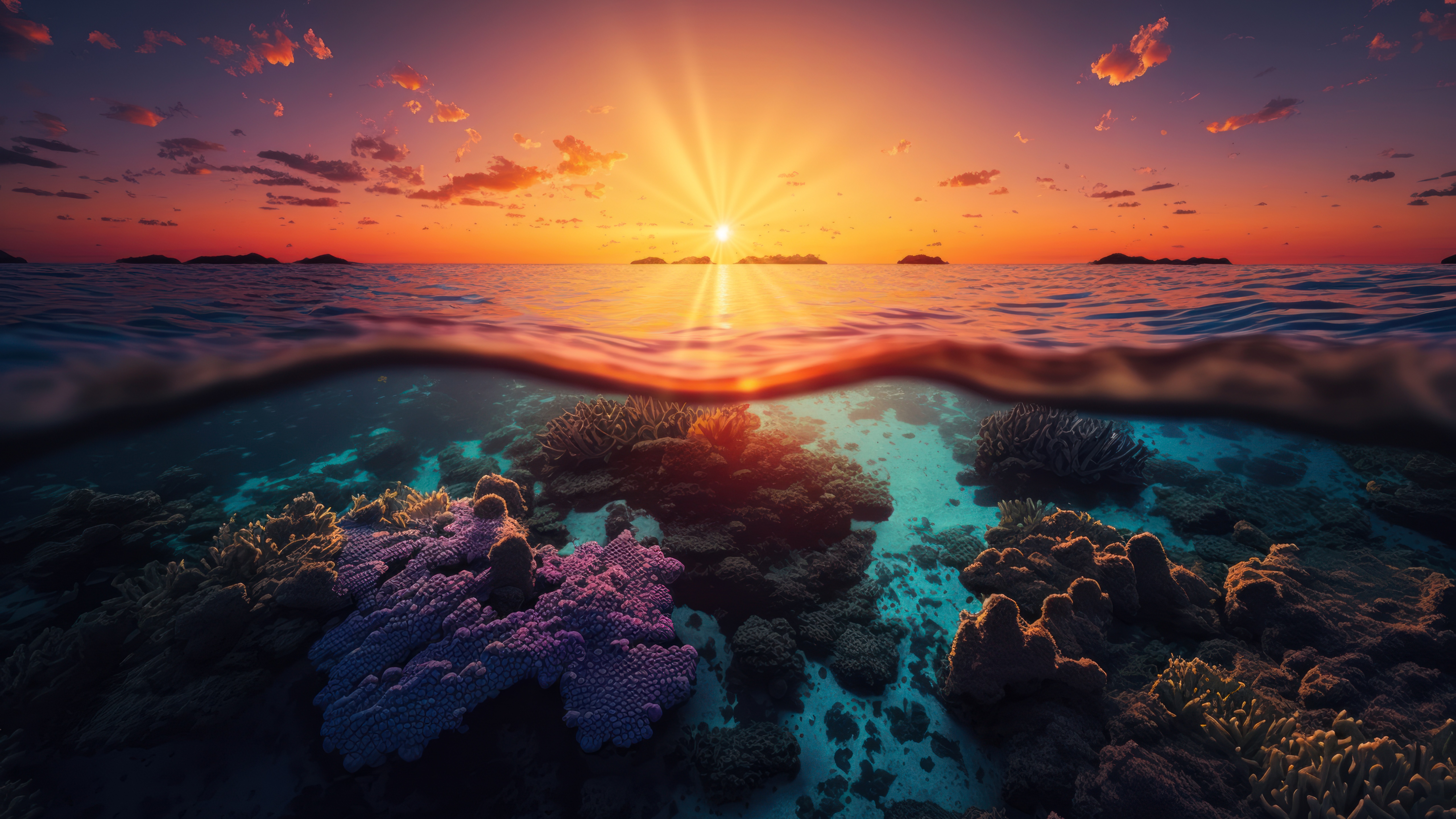 Sunset Wallpaper 4K, Underwater, Coral