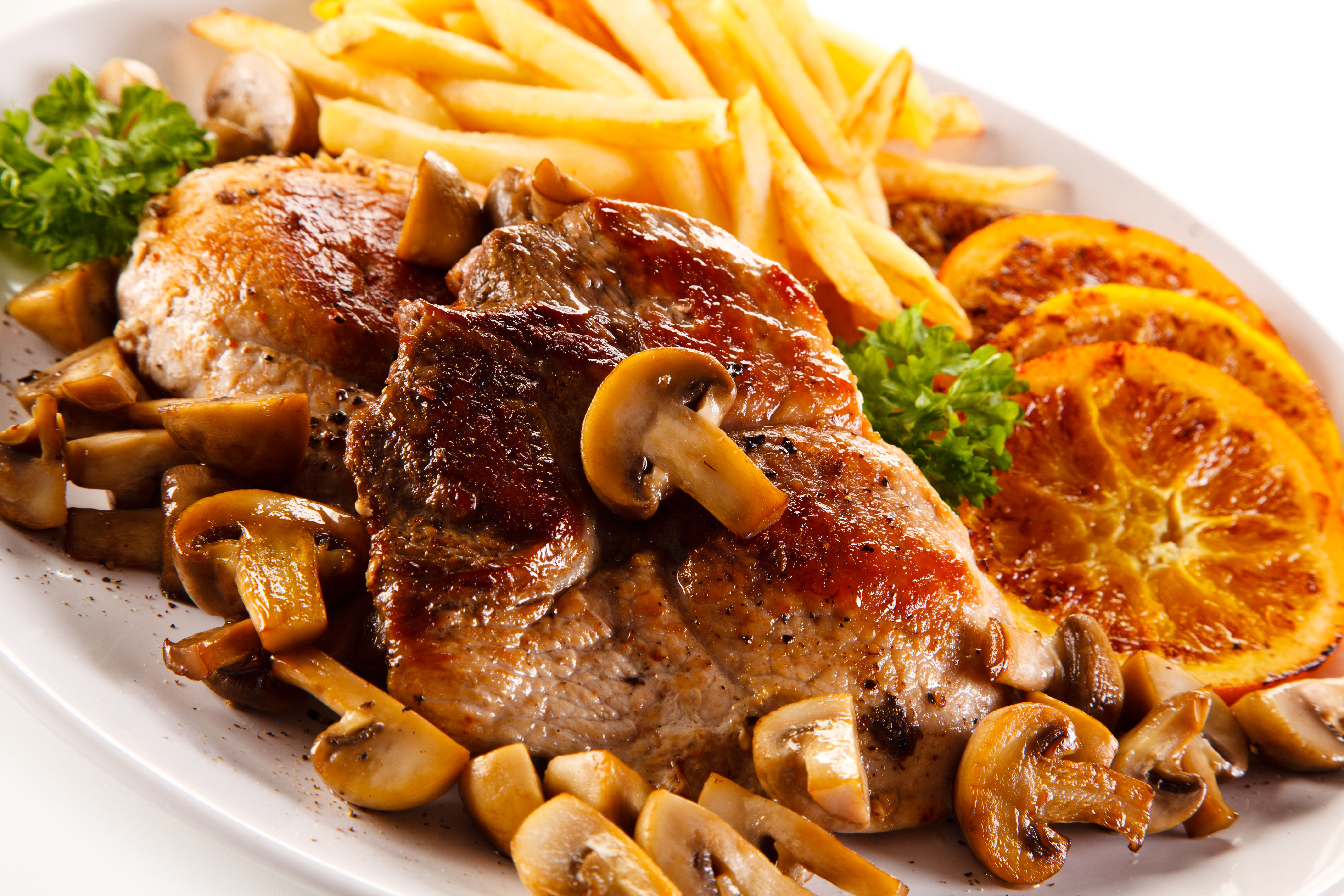 Meat, Mushroom, Meal, French Fries