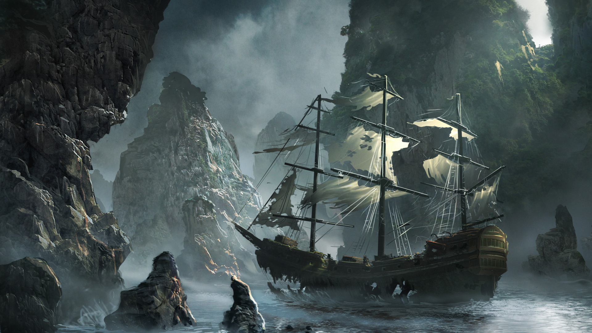 Picture Crag Fantasy ship Sailing 1920x1080