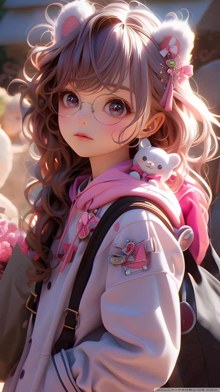 Cute Anime Girl, Bouquet Flowers, Gift