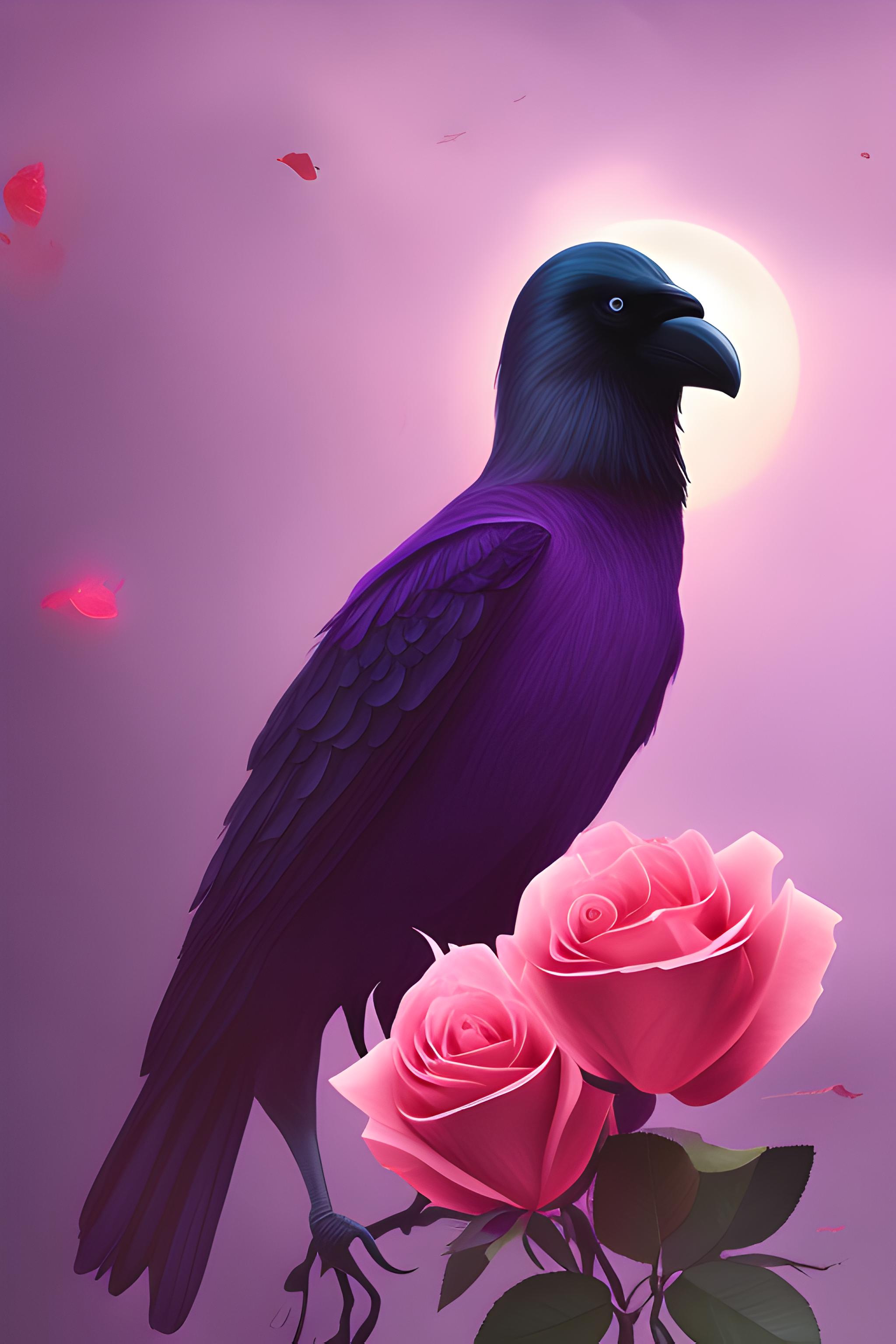 Crow, moon, roses, dark colors purple