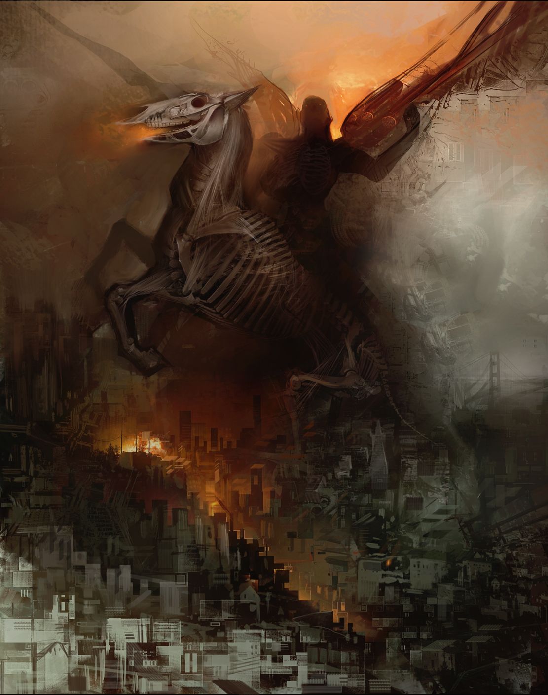 fiery skeleton horse flying through