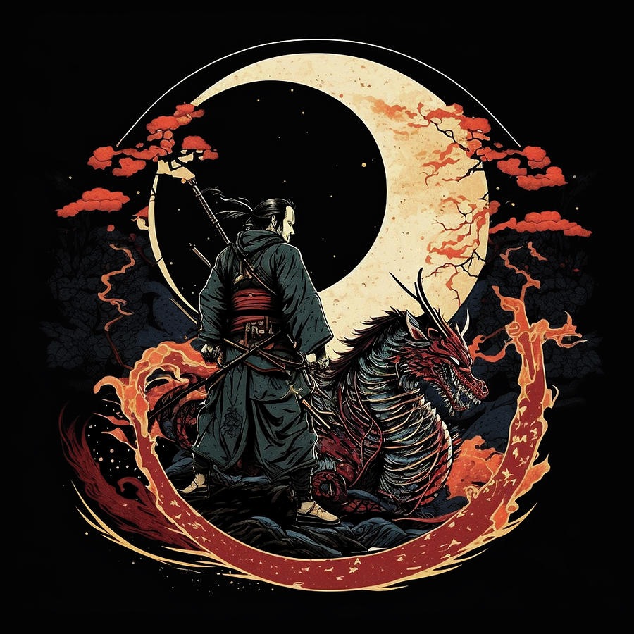 Samurai Standing on Moon With Dragon