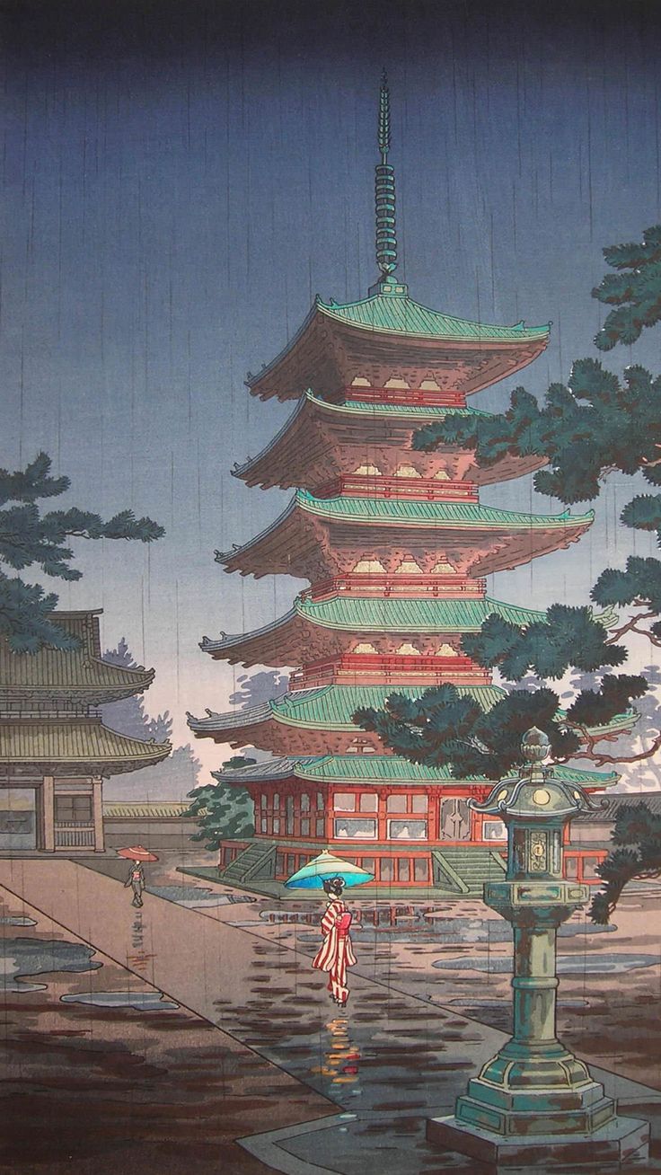 Wallpaper Japanese Art, Painting, Temple, Trees 1440x2560