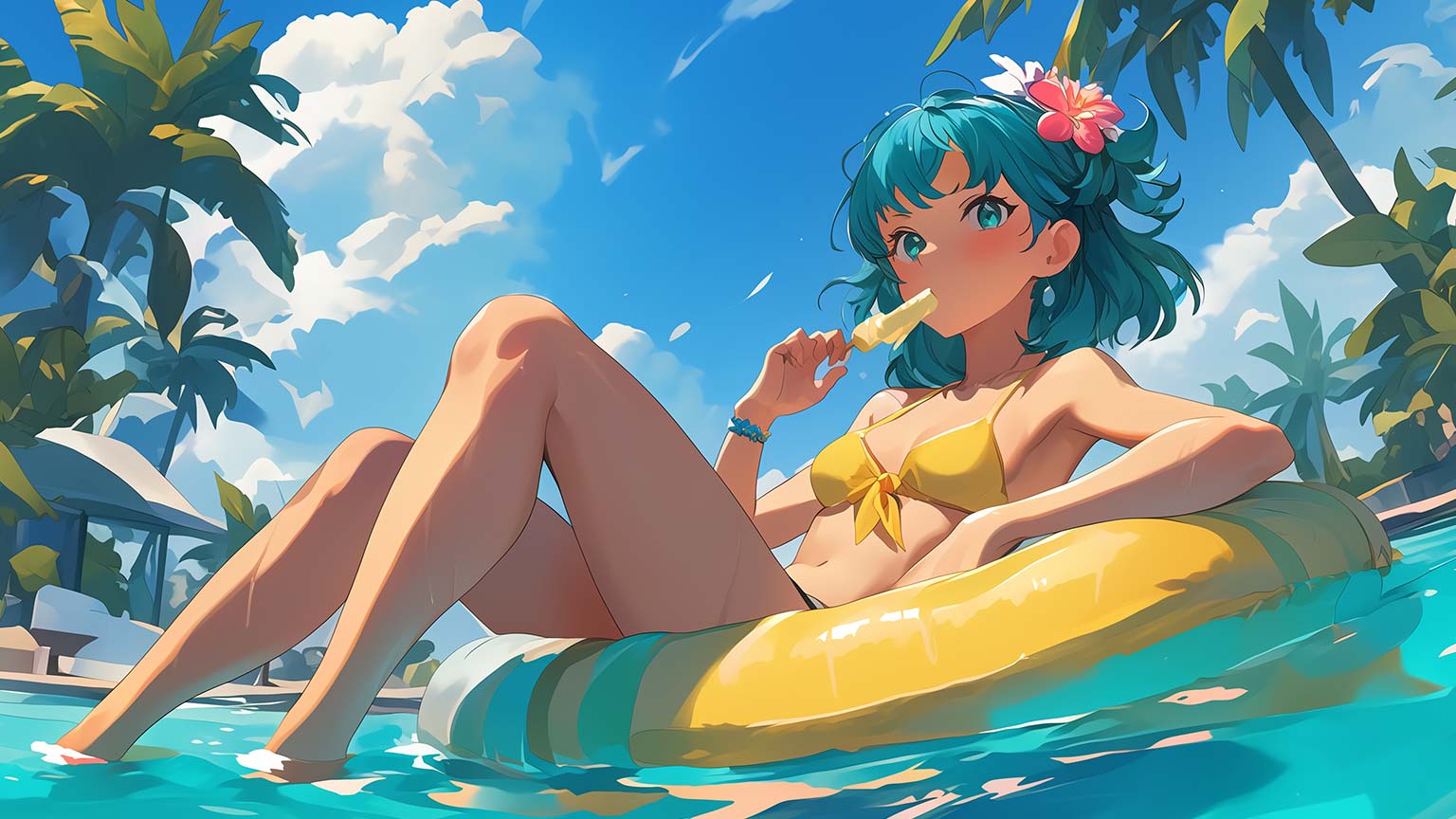 Anime Girl on Swimming Circle Summer