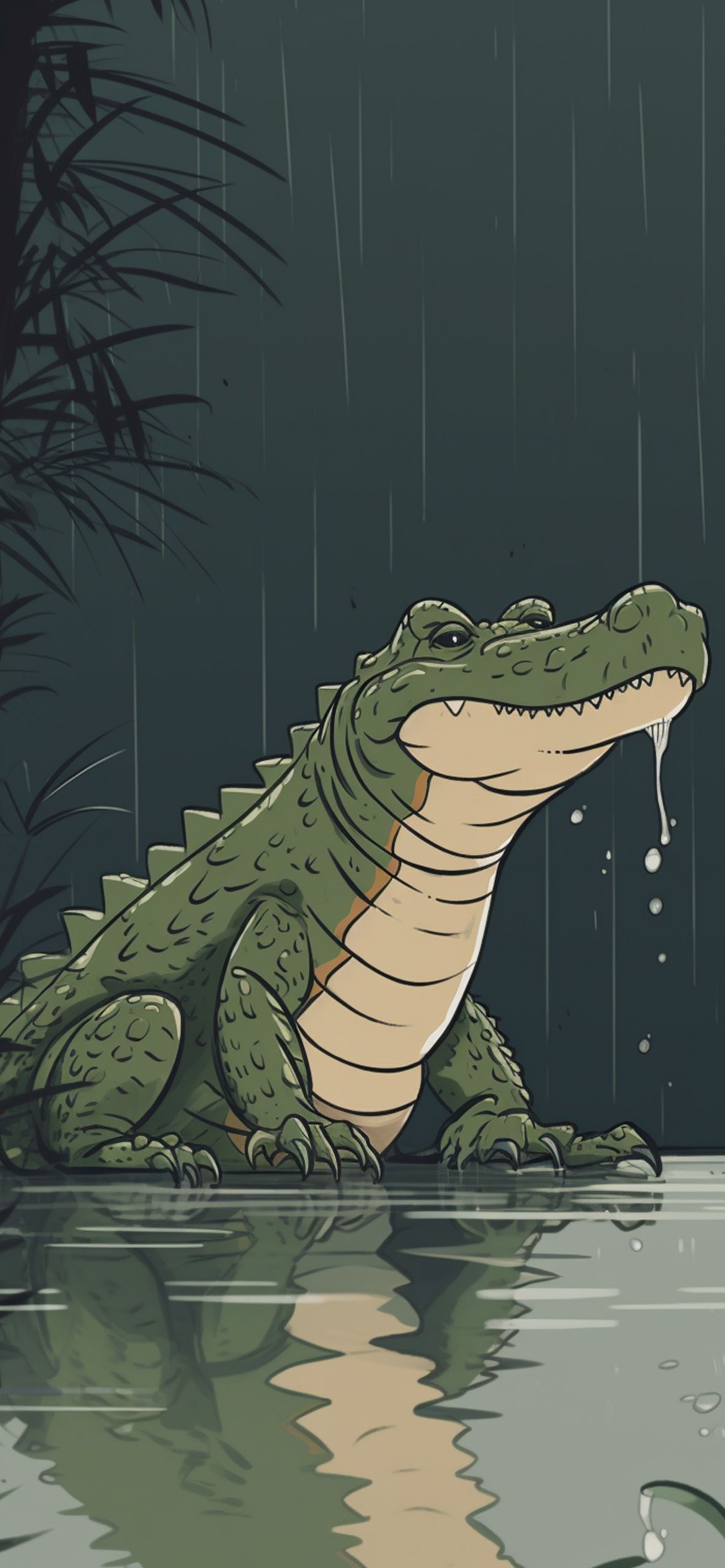 Crocodile & Rain Dark Green Wallpaper