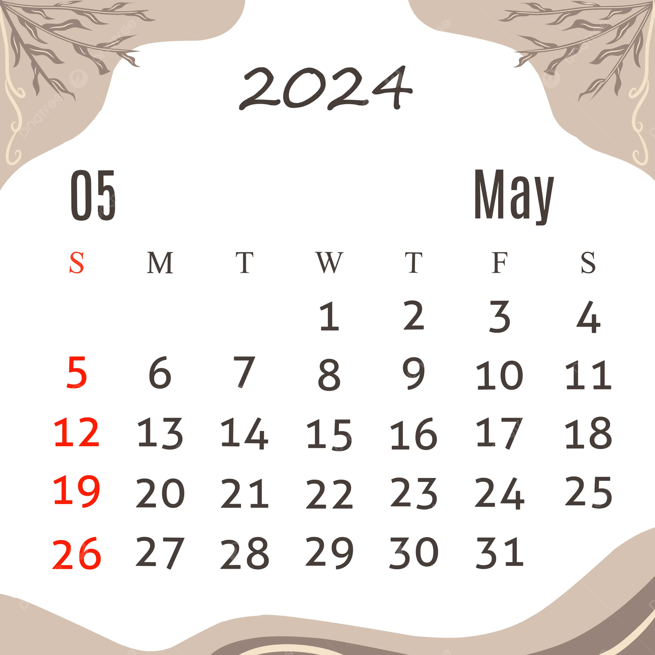May 2024 Calendar With Pastel Brown